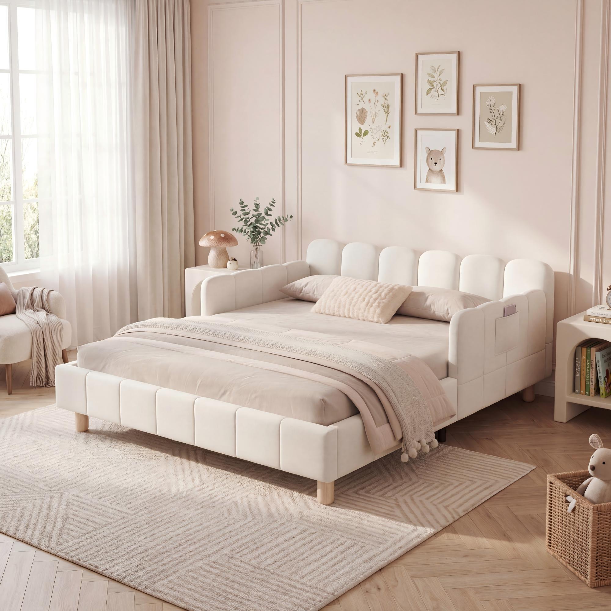 Upholstered Children's Bed with Tufted Headboard and Safety Rail, 140x190cm, Beige Velvet