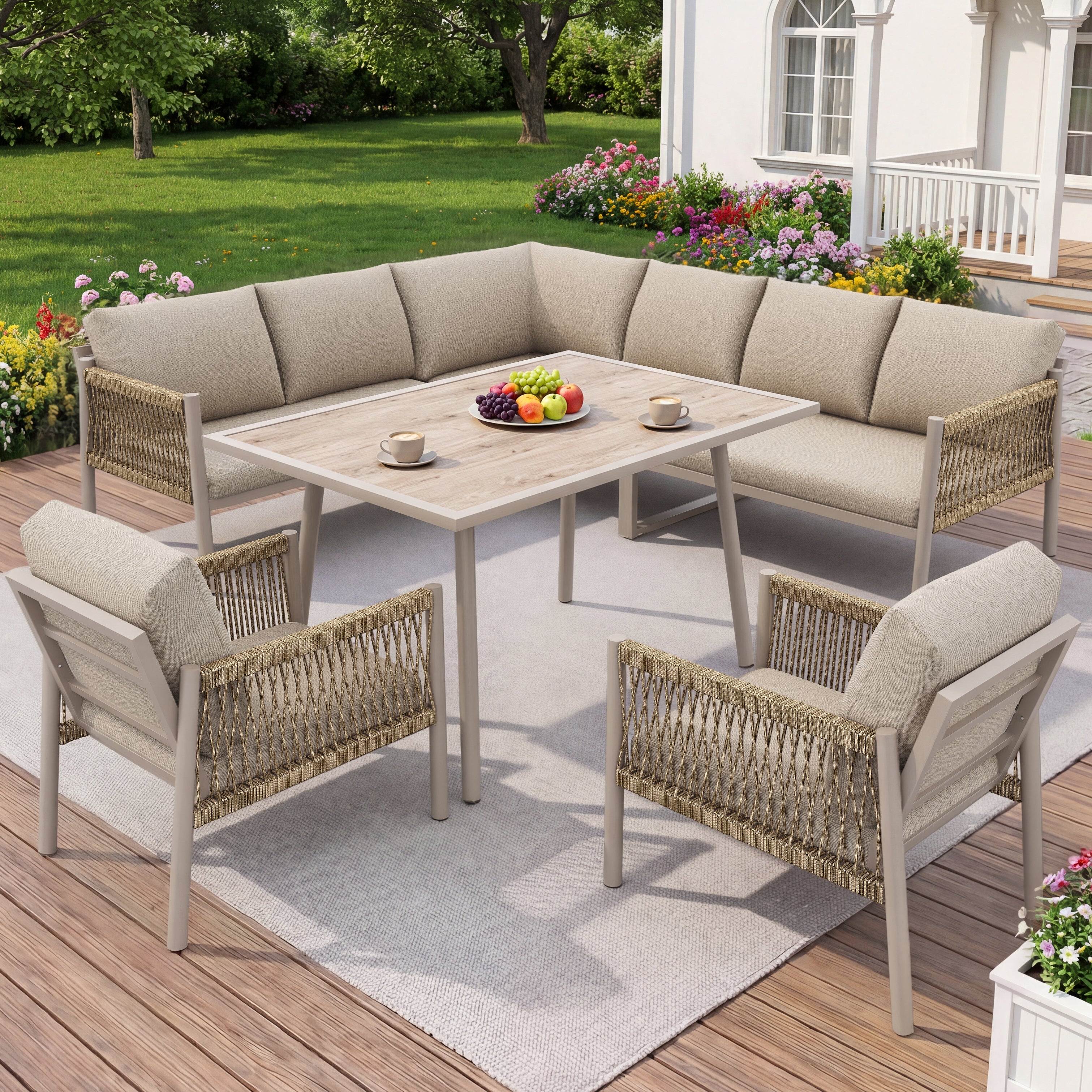 Garden Lounge Seating Group, L-Shaped Sofa with Table and 2 Armchairs, Beige