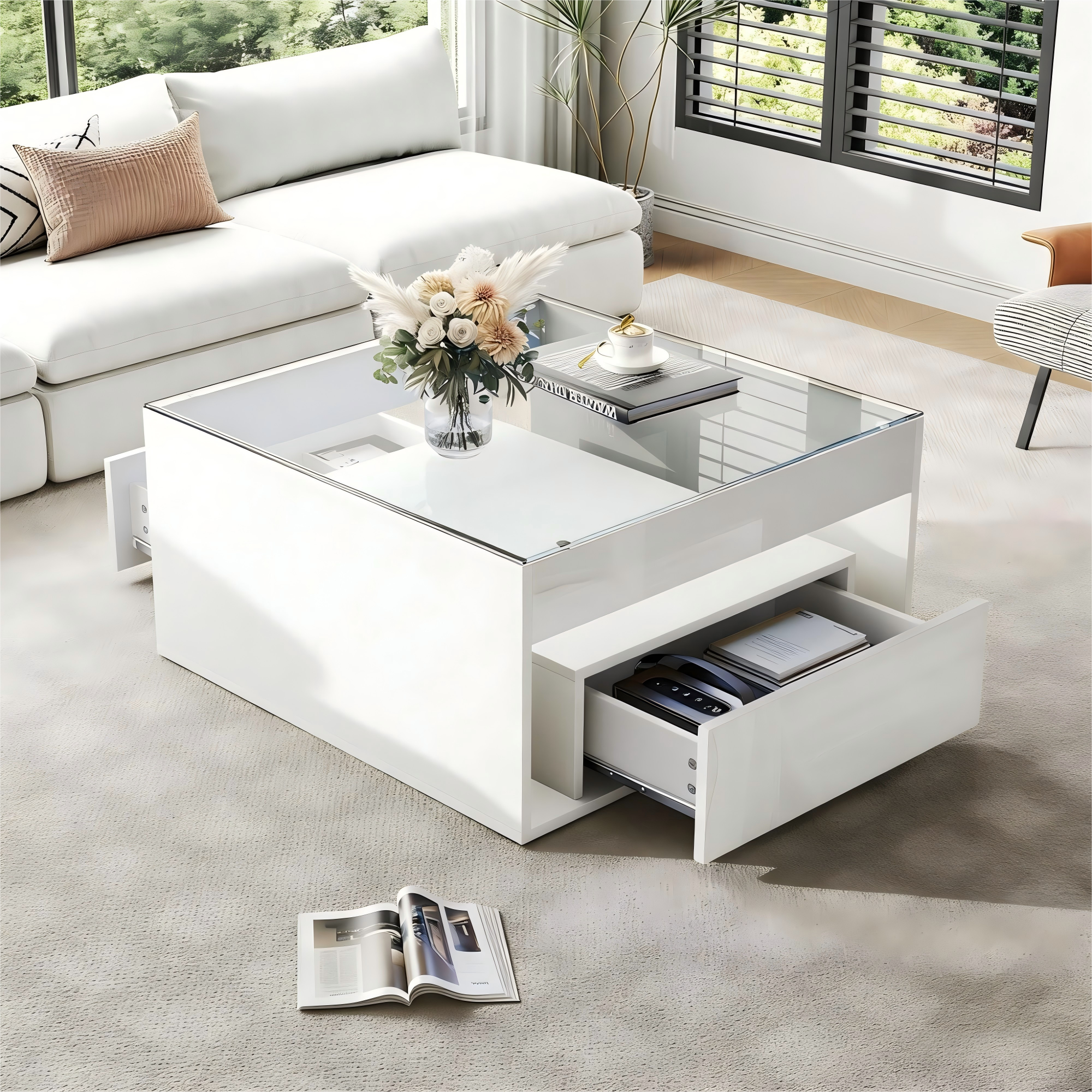 Coffee Table 70x70x35cm High-Gloss LED 2 Drawers Tempered Glass White
