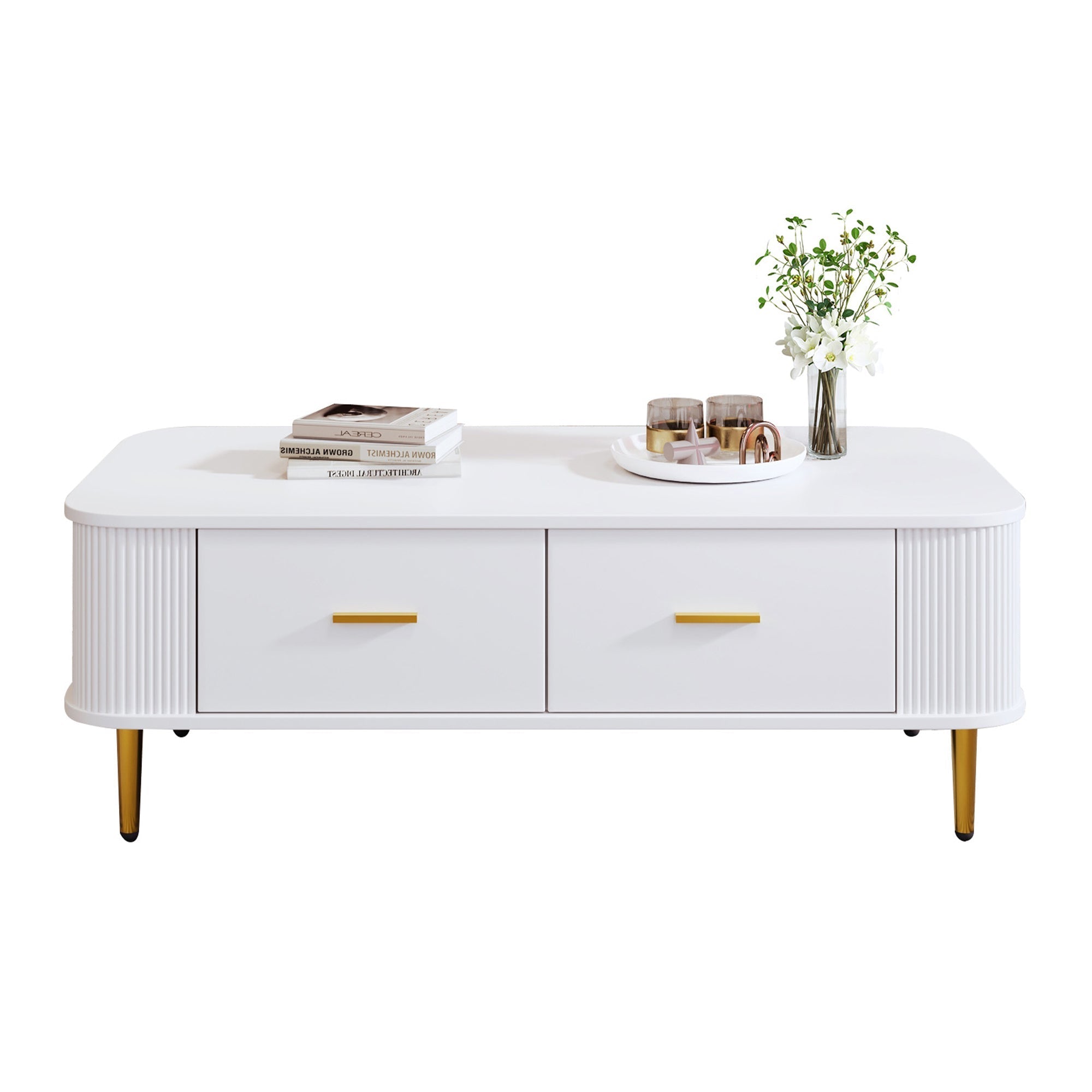 Coffee Table with Drawers, Curved Corners, Wavy Sides, Gold