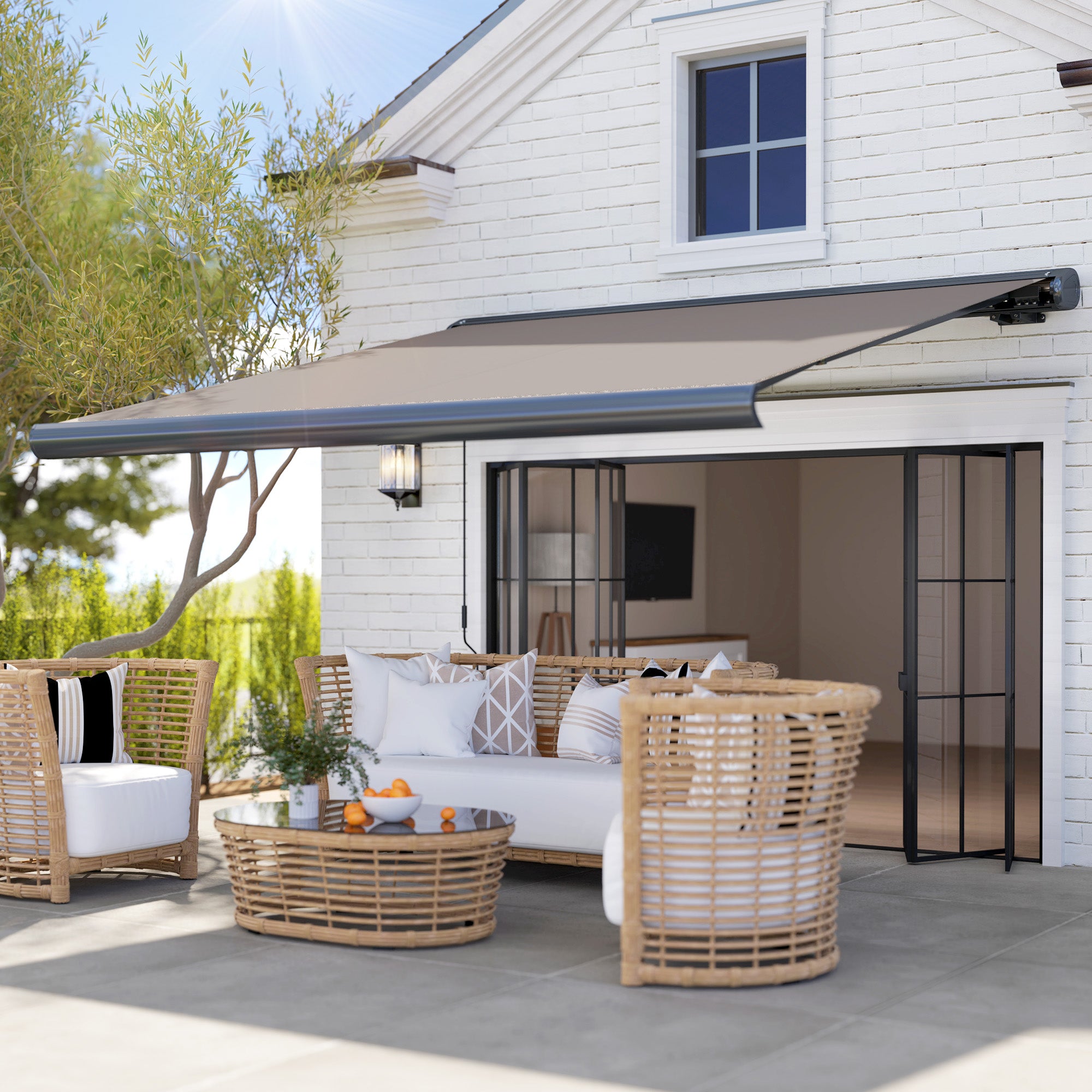 3 x 2.5 m Electric Awning, Remote Controlled Retractable UV50+ Sun Shade, Light Grey Polyester