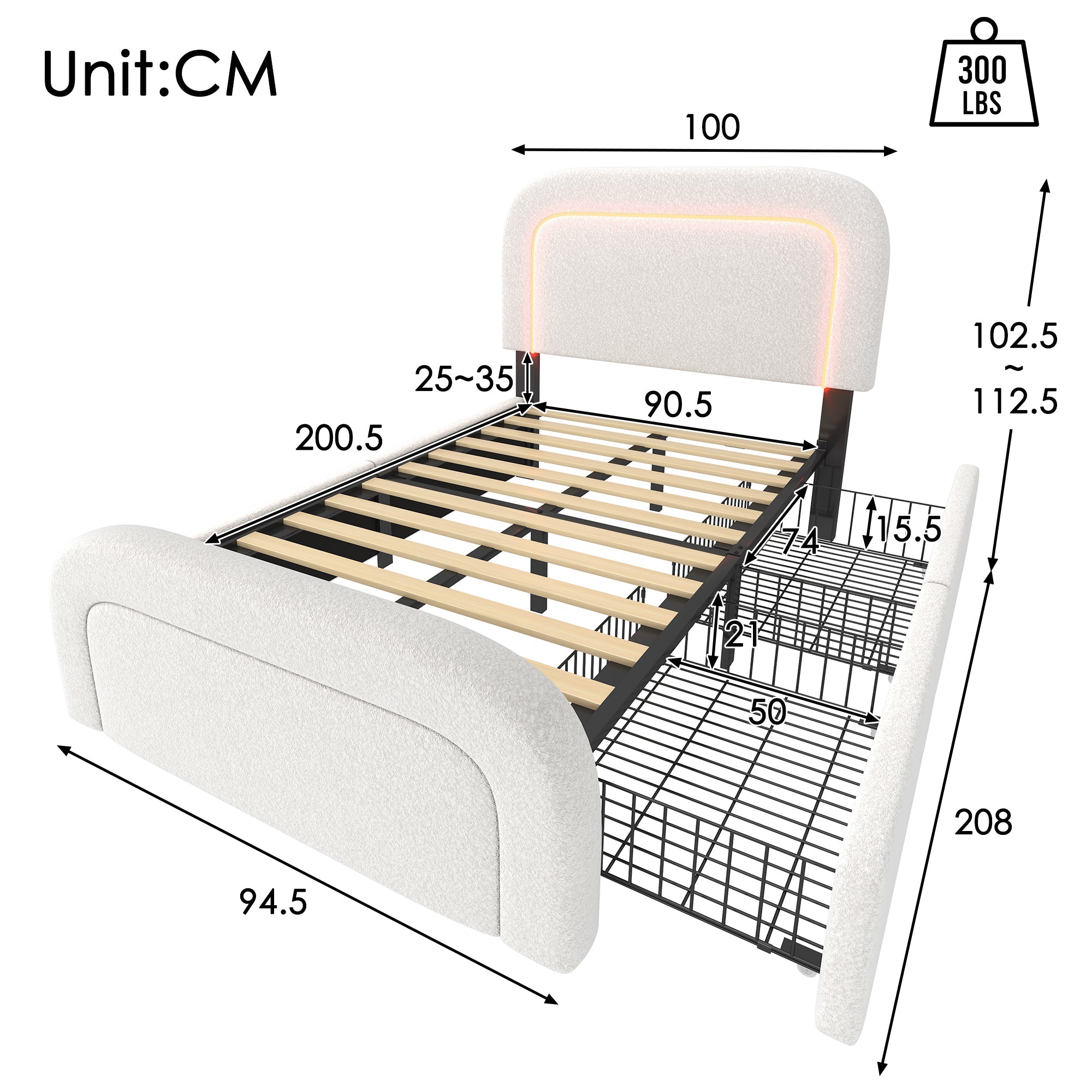 Bed Frame, USB Type-C, LED, 2-Drawer, Single, Upholstered, Sherpa White