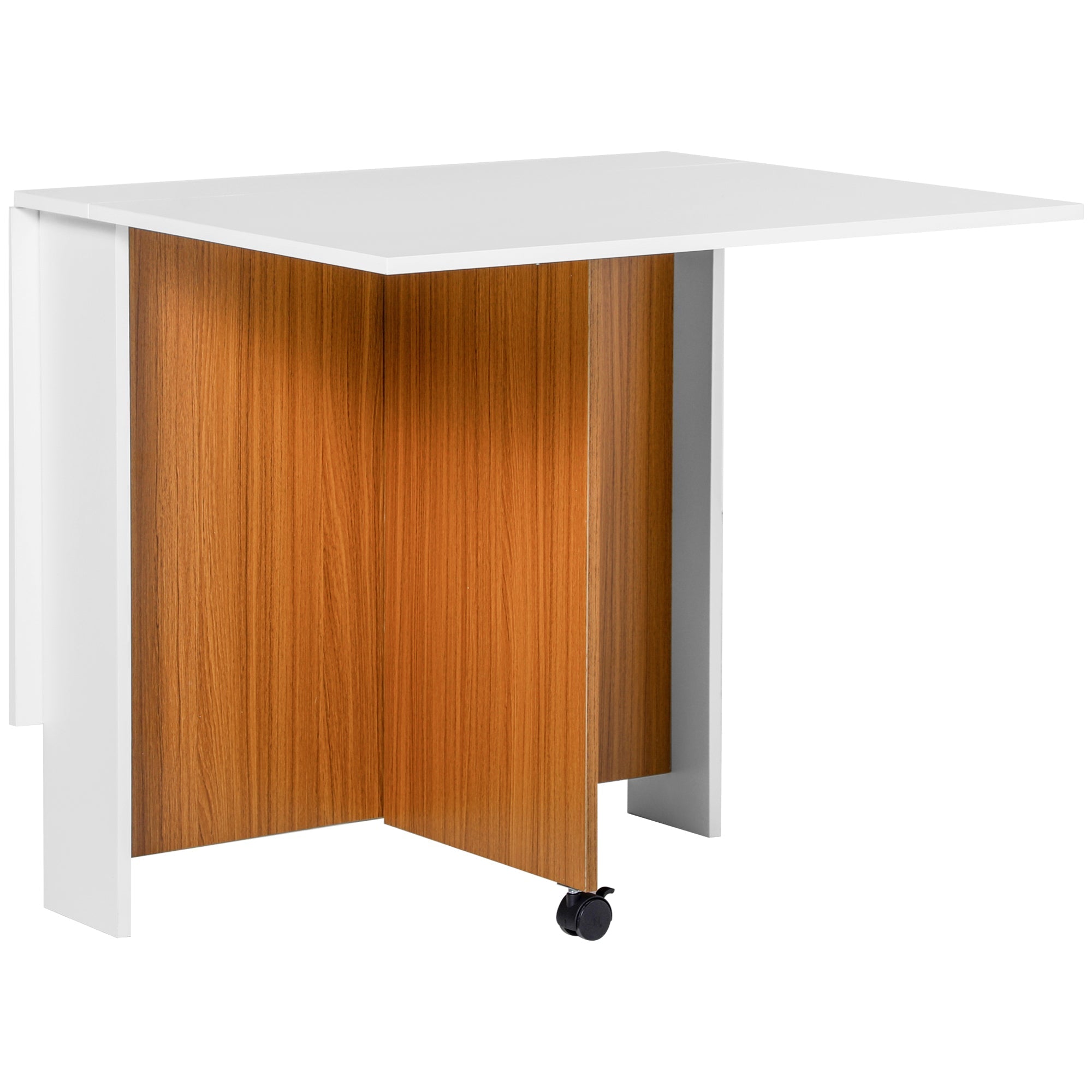 Folding Dining Table Writing Desk Workstation with Casters, Teak/White