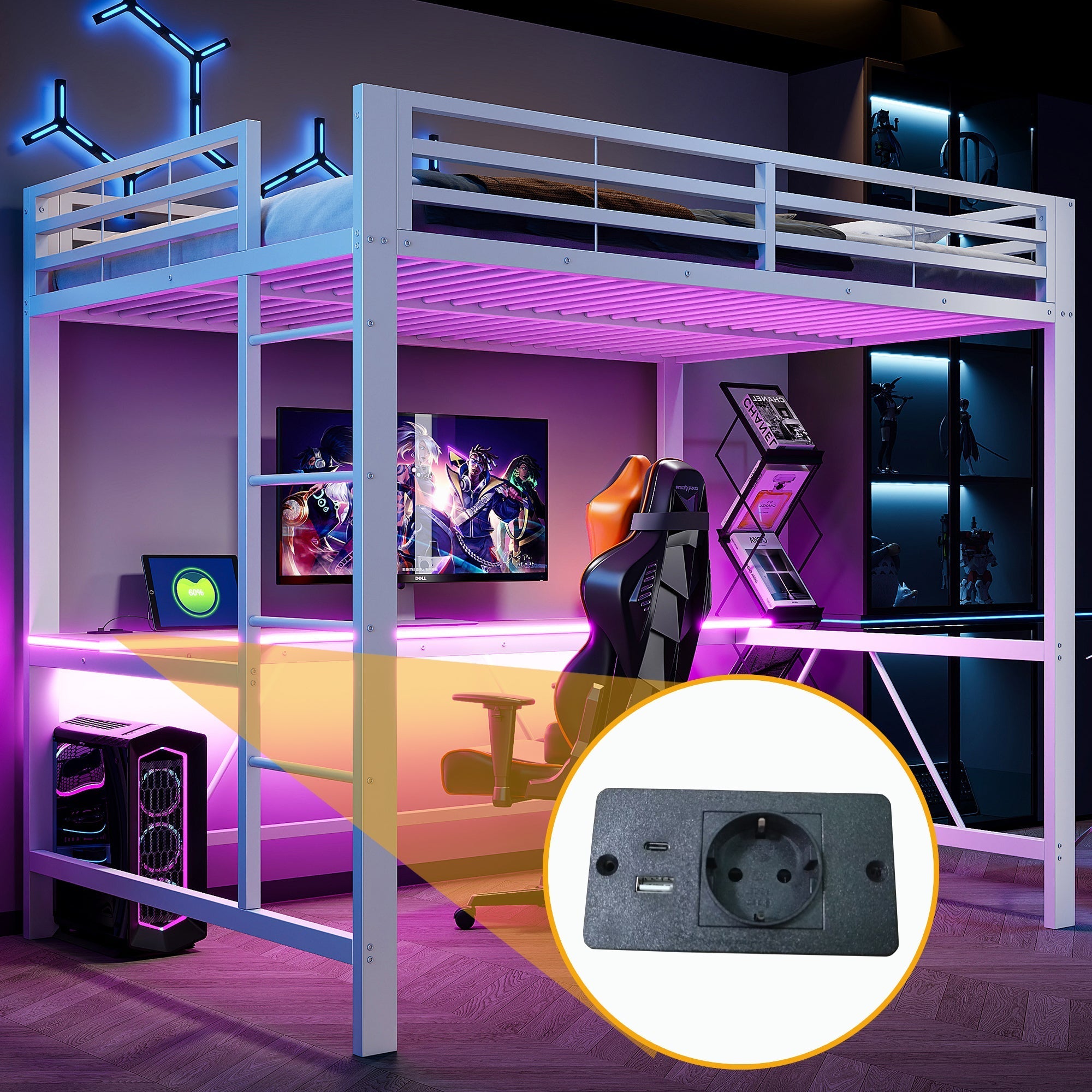 Gaming Metal Loft Bed Frame with LED Lighting, USB Charging Station and Desk, White