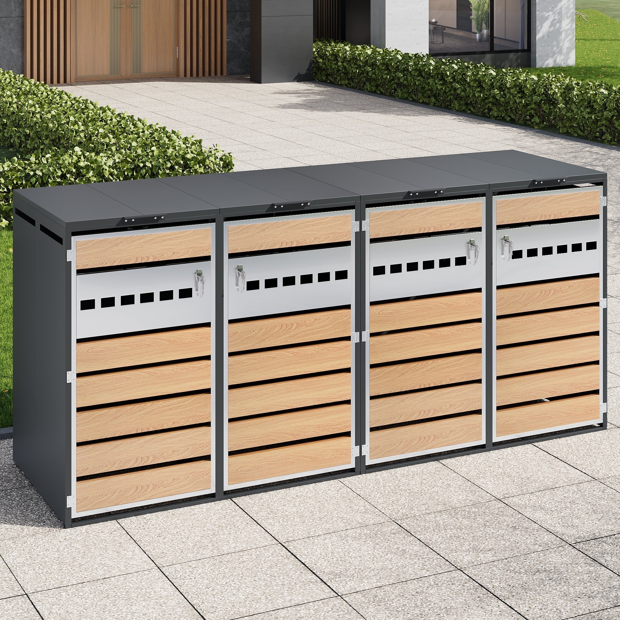 Bin Storage Box with Hinged Lid, Lockable and Four Doors, Horizontal Wood Grain Blocks