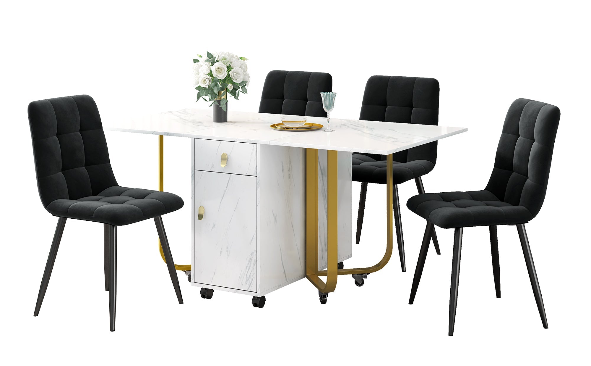 Dining Set, 4-Chair Folding Kitchen Table, Velvet Chairs, White MDF & Black Legs