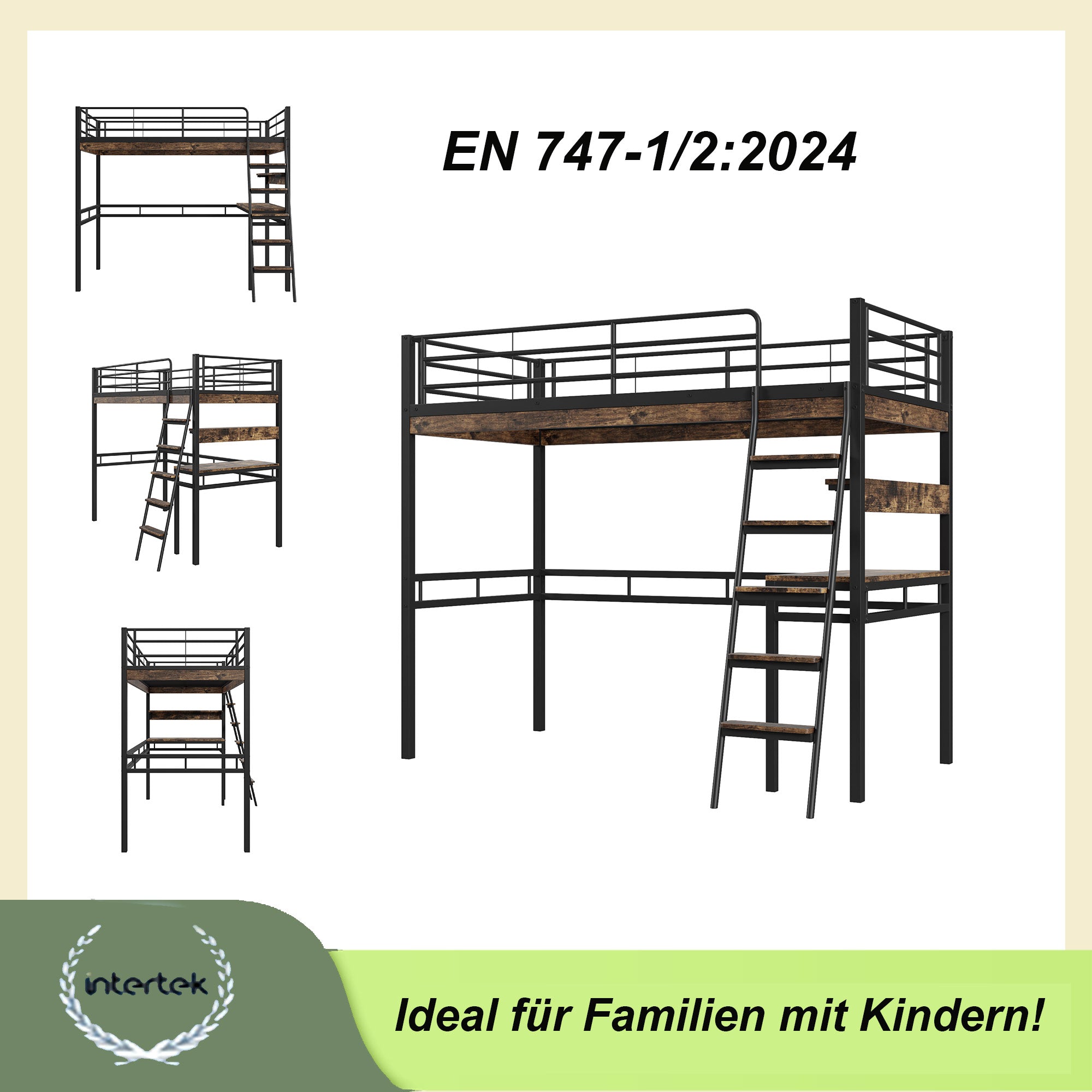 Loft Bed 90x200cm with Desk Shelves Ladder - Black Iron