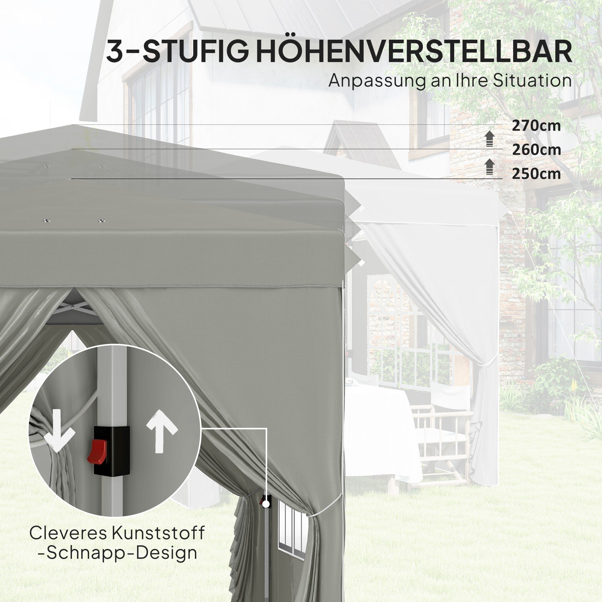 Pavilion 2.5x2.5m Pop-up Folding, Water-Repellent, UV 50+, 4 Side Panels, Light Grey