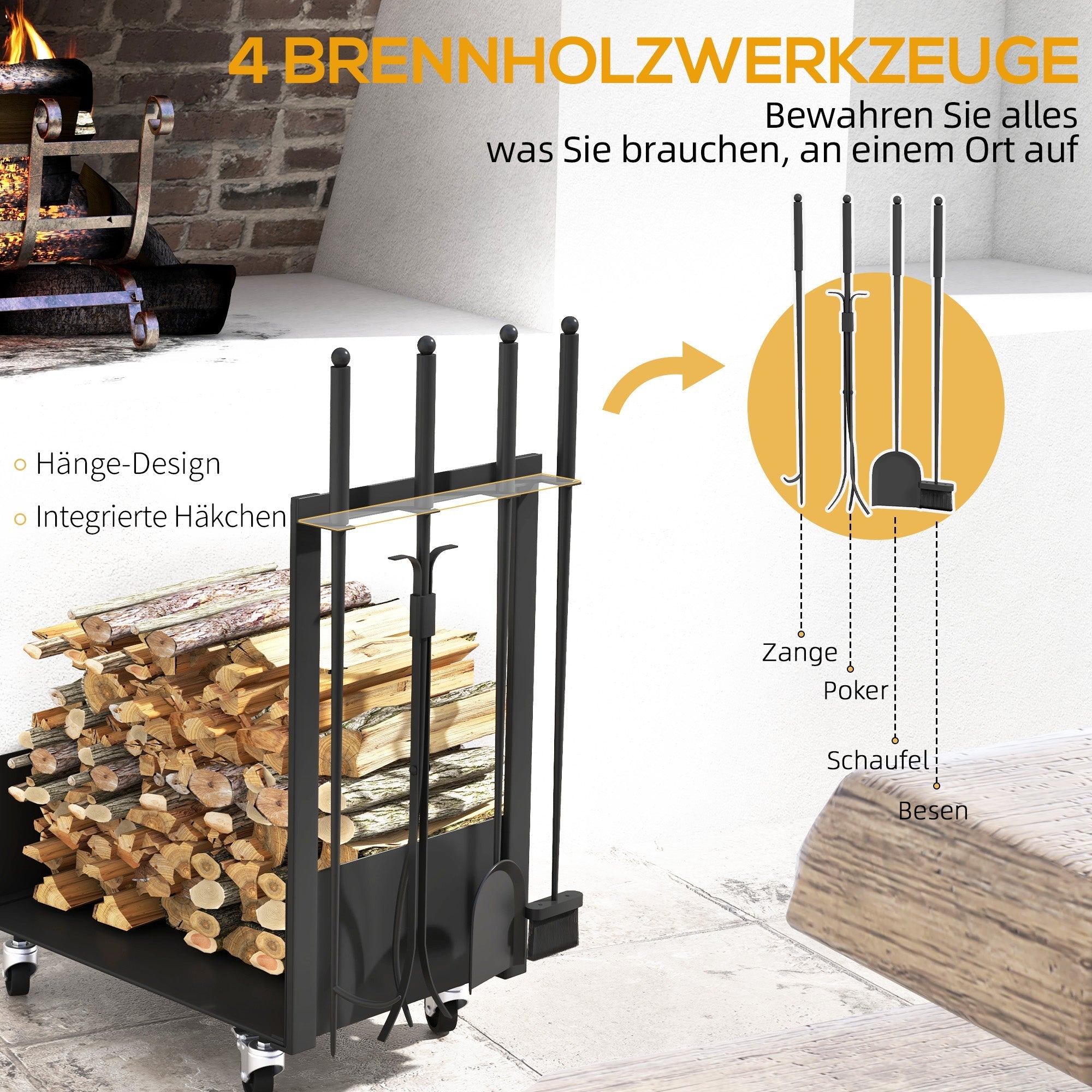 Firewood Rack with Tools, Wheels, Side Hooks, Black Metal