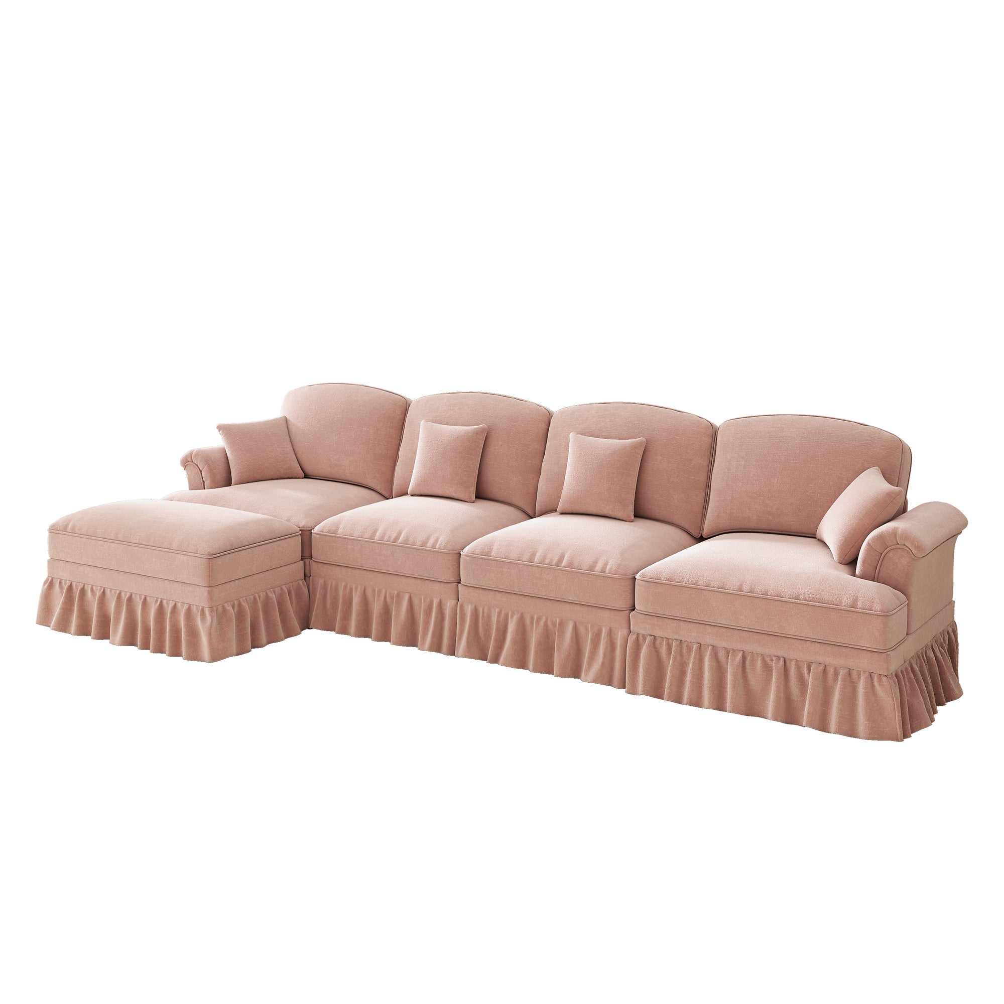 Classic Modular L-Shaped 4-Seater Sofa with Movable Ottoman Chenille Pink