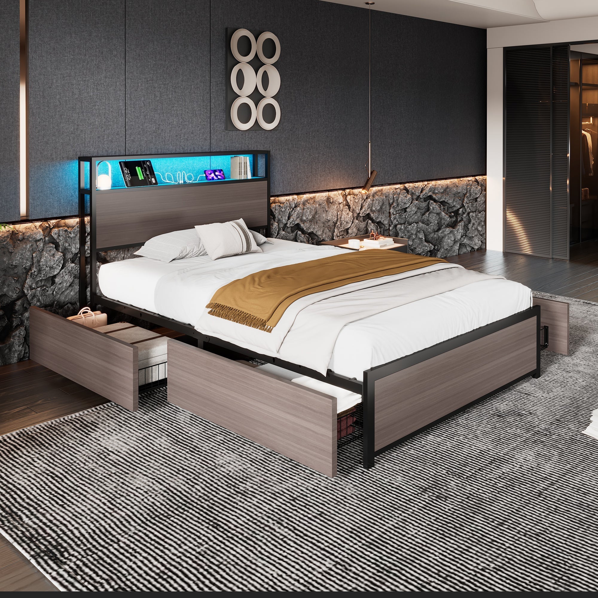 Metal Bed 3FT Single with LED Light Strip, 4 Drawers, USB & Type C, Grey Wrought Iron