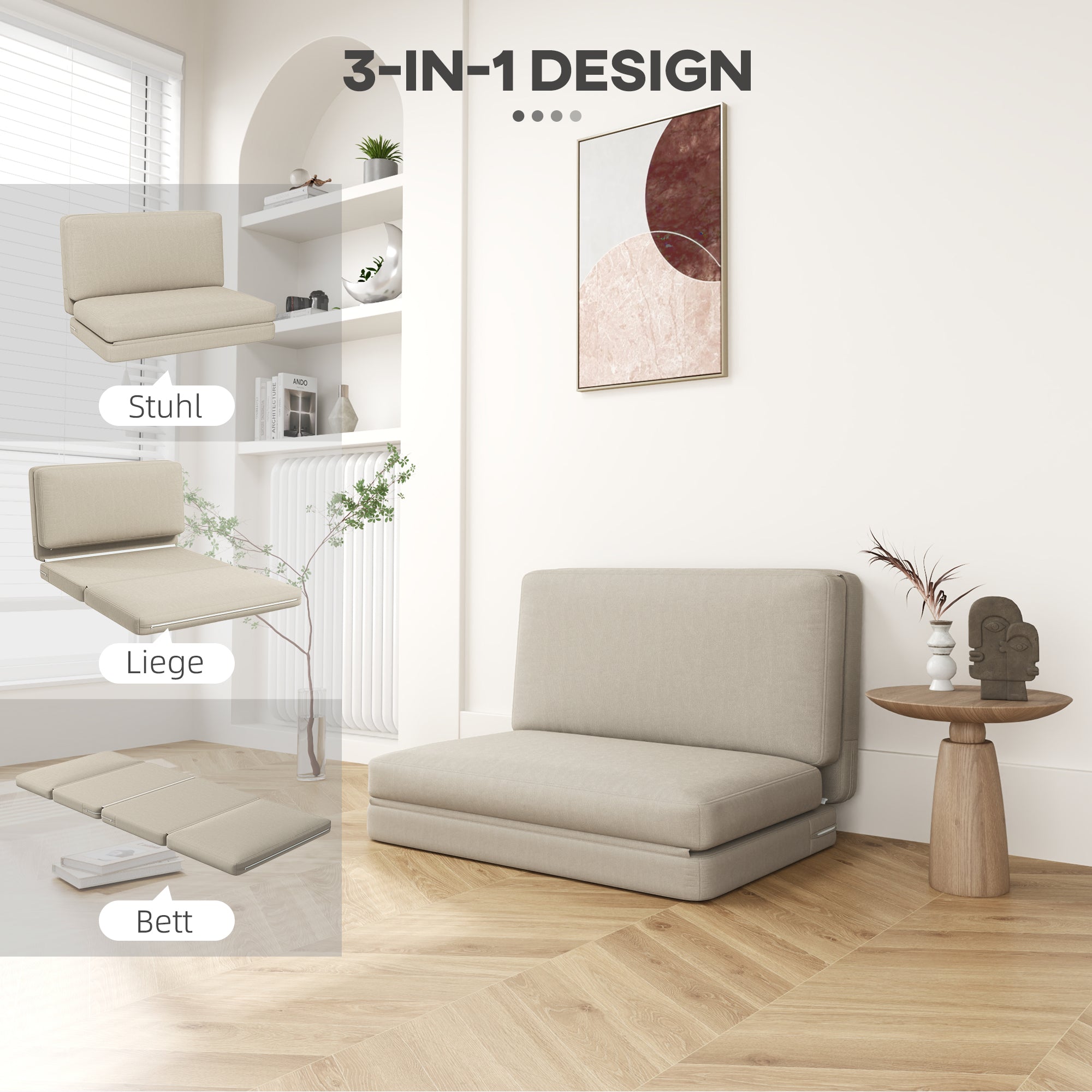 3-in-1 Schlafsofa, Samtbezug mit Stauraum, Beige