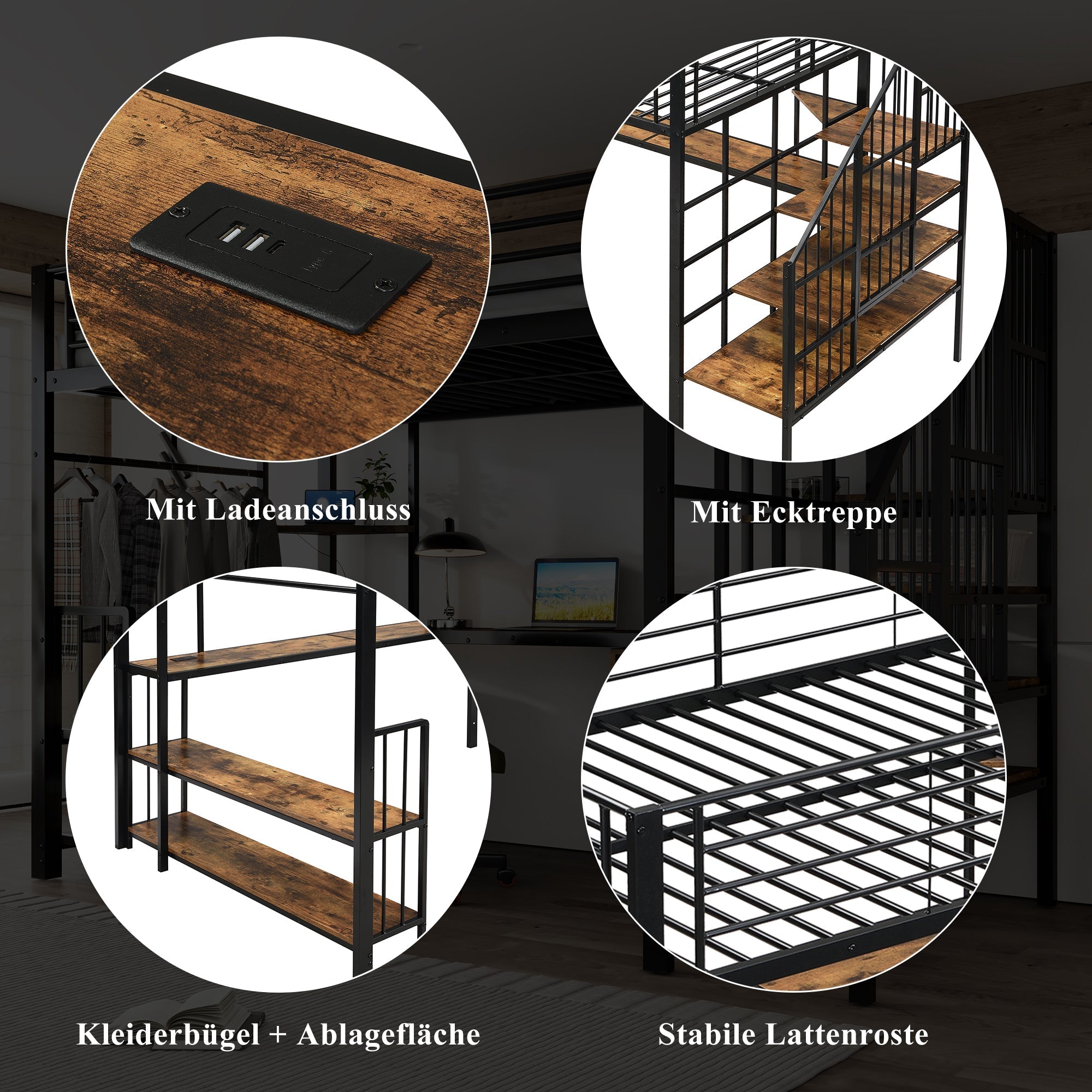 Iron Bed, Loft with Side Ladder & Charging Port, Black Iron + MDF