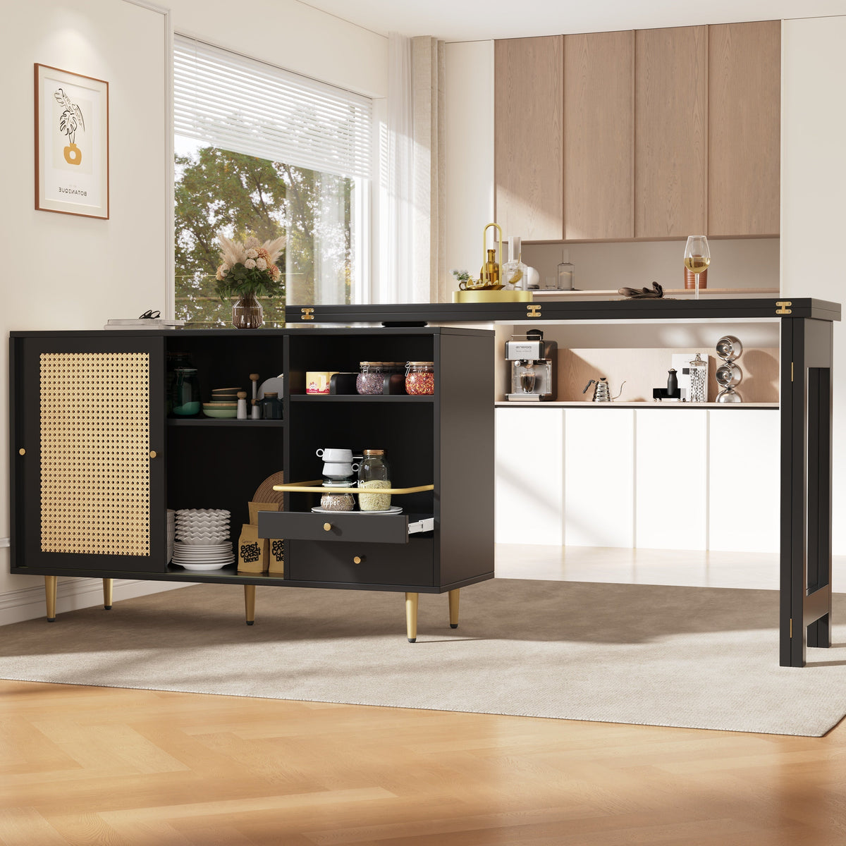 360° Rotating Bar Table Extendable Rattan Storage Cabinet Black
