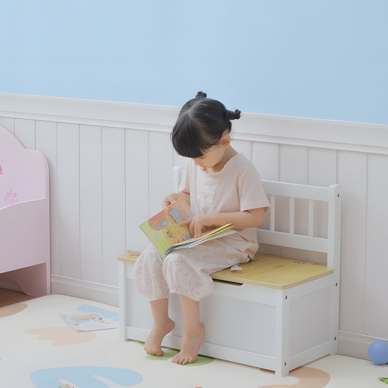 2 In 1 Wooden Toy Box Seat Storage Bench with Safety Pneumatic Rod, White Engineered Wood