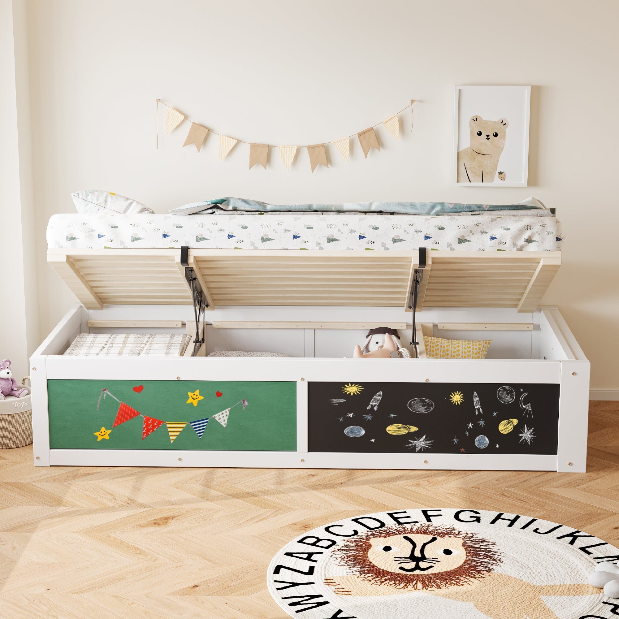 Wooden Bed 90x200cm Hydraulic Writing Surface Storage - White