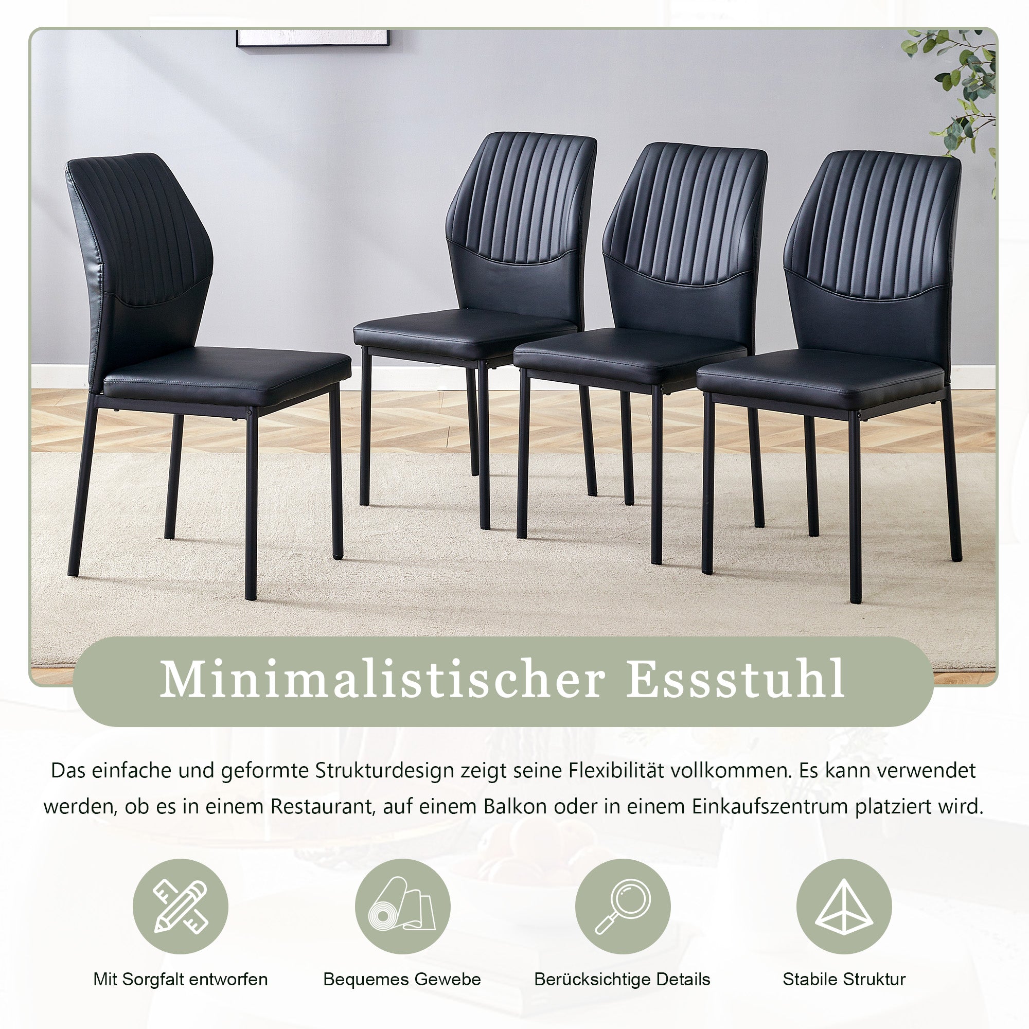 Set of 4 Dining Chairs with Vertical Embossing and Metal Legs, Black PU