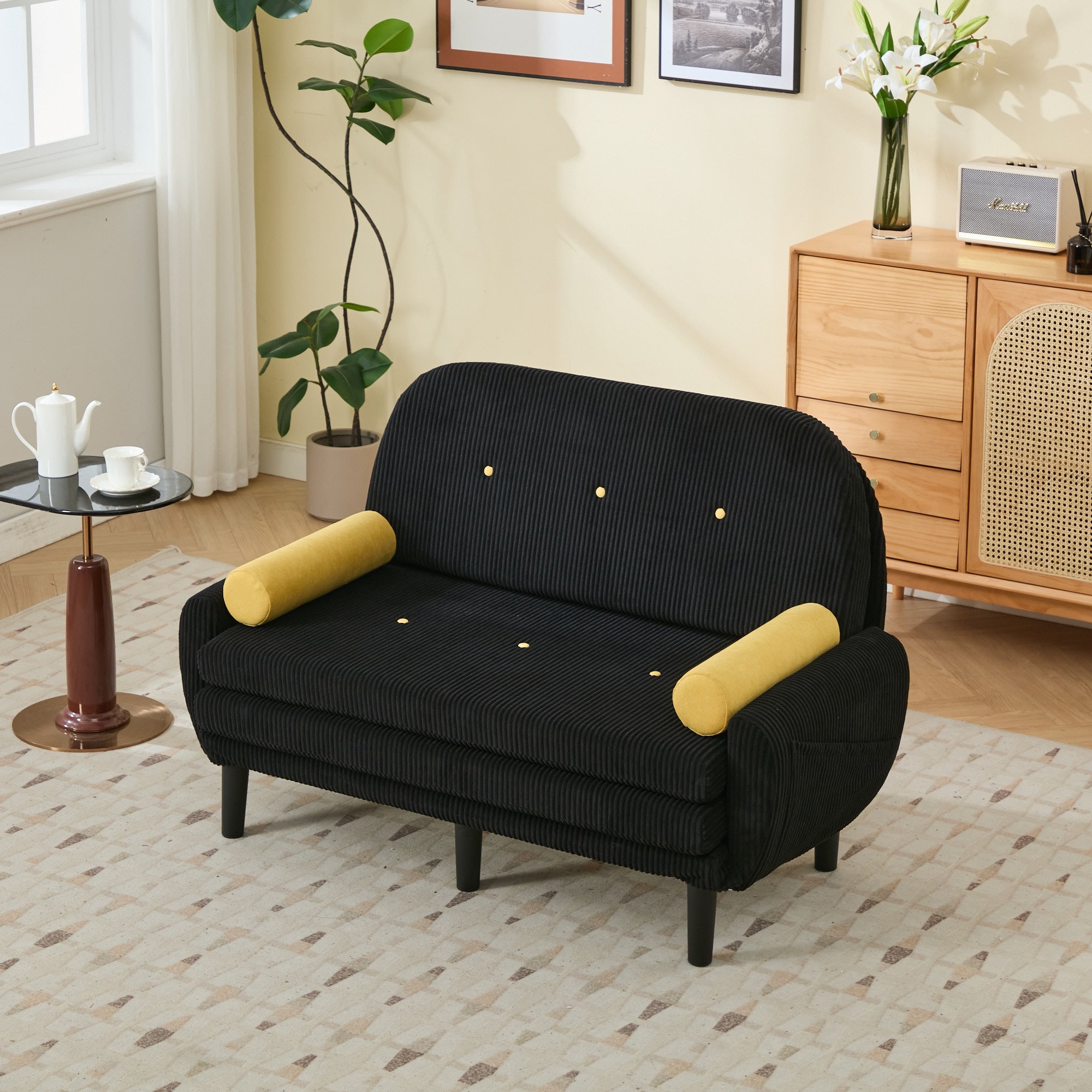 Loveseat Sofa Daybed Recliner with Storage Space, Black Corduroy