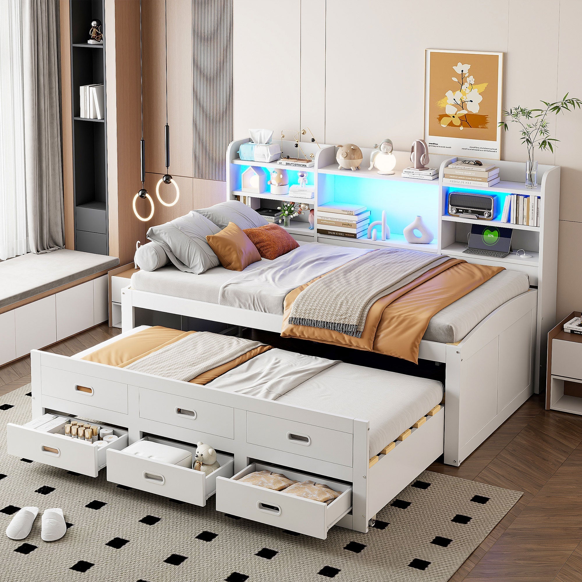 Sofa Bed Daybed 90x200cm Extendable LED 3 Drawers Shelf USB/Type-C - White