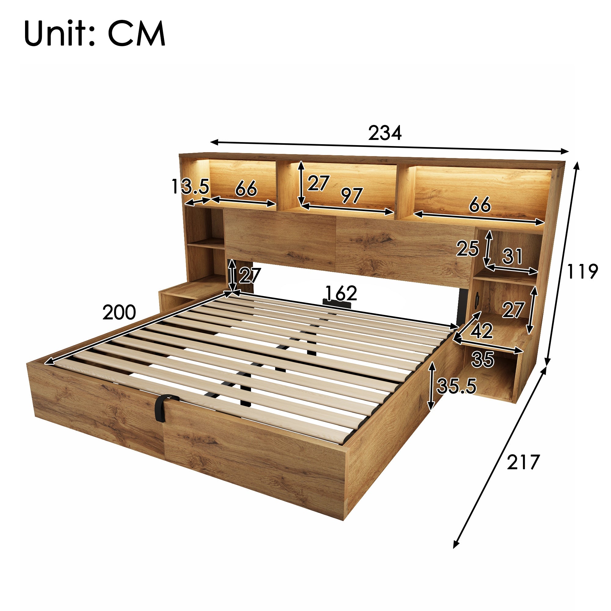 System Bed with Hydraulic Storage, Bedside Tables, LED & USB-C, 160x200cm, Oak Look Wood