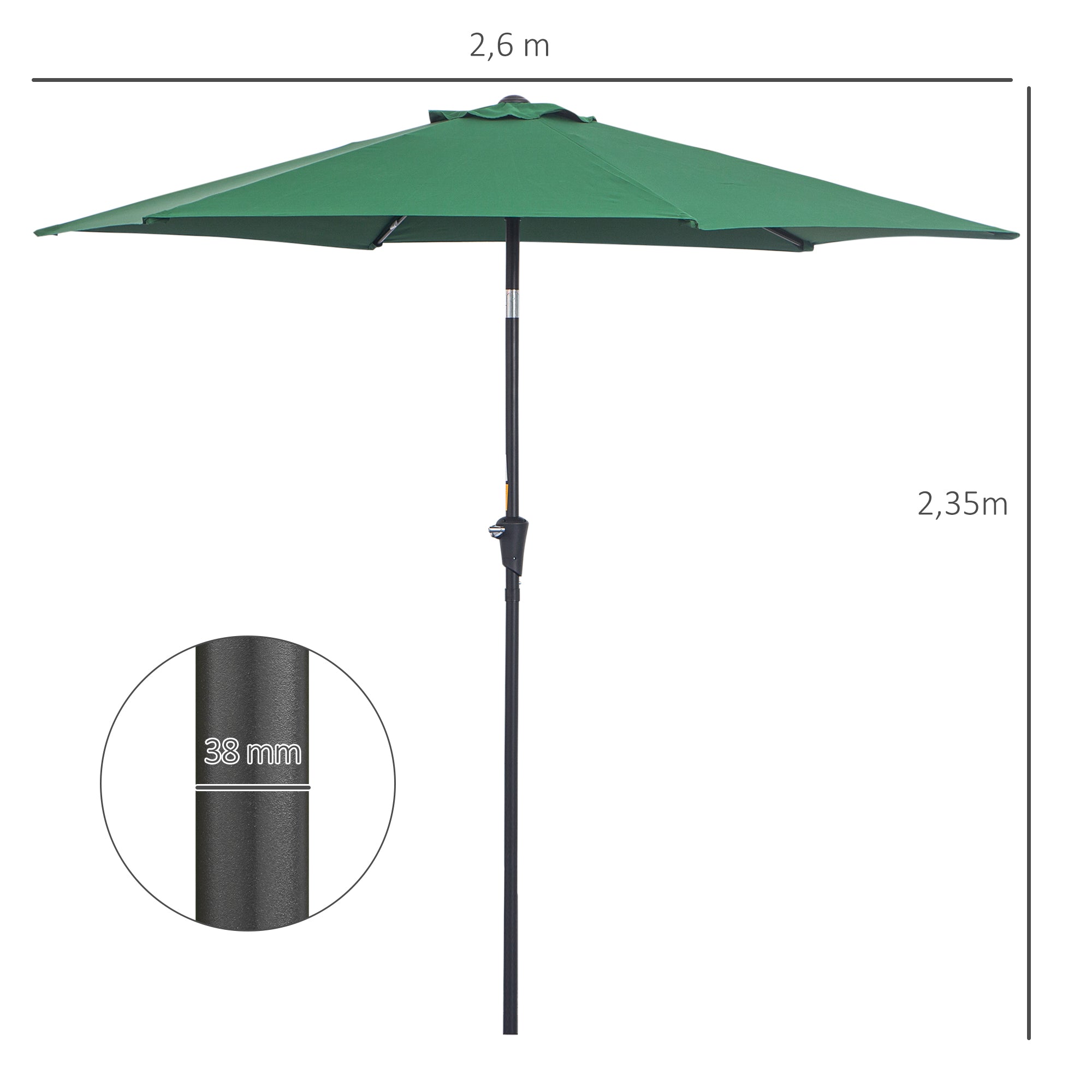 Folding Parasol Garden Market Umbrella Hand Crank Aluminum Ø2.6m Dark Green Polyester