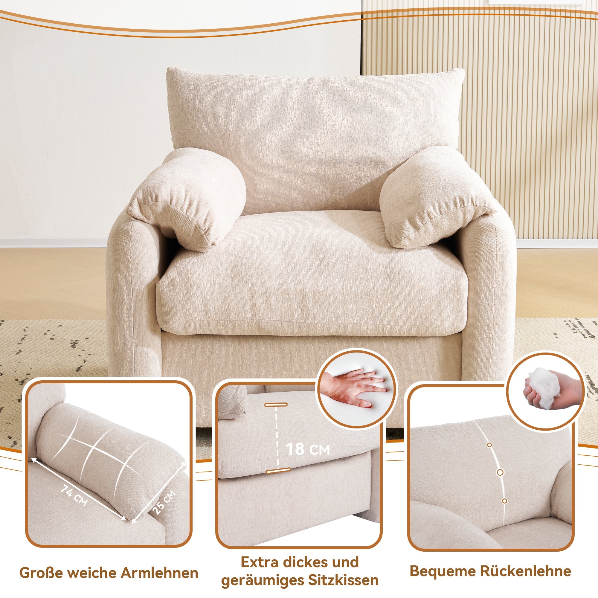 Modern design oversized armchair, decorative single sofa leisure chair, chenille fabric - Clearance