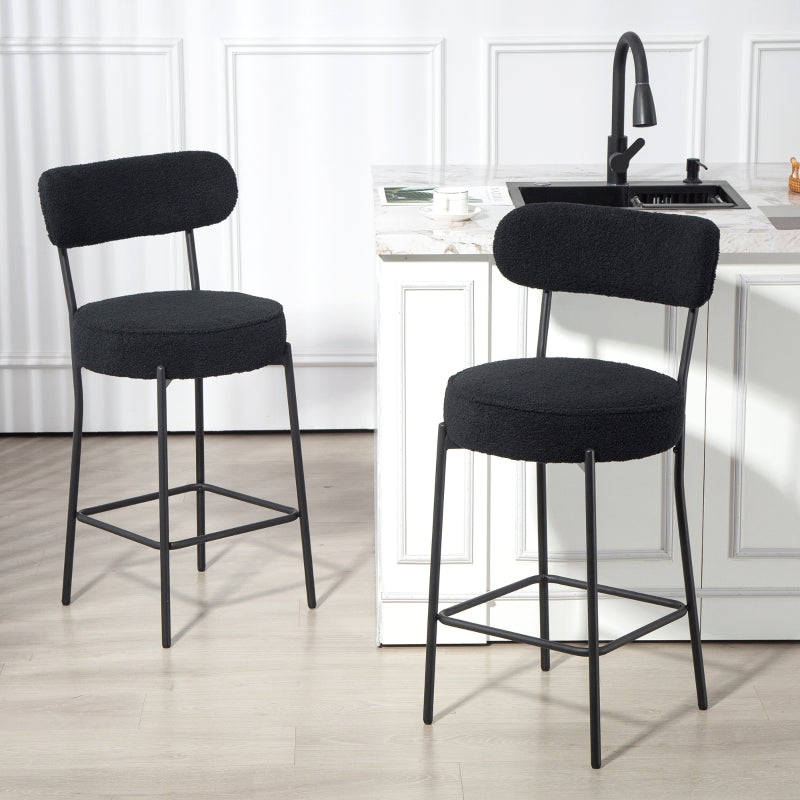 Set of 2 Bar Stools Upholstered Seat Footrest Fleece Cover - Black