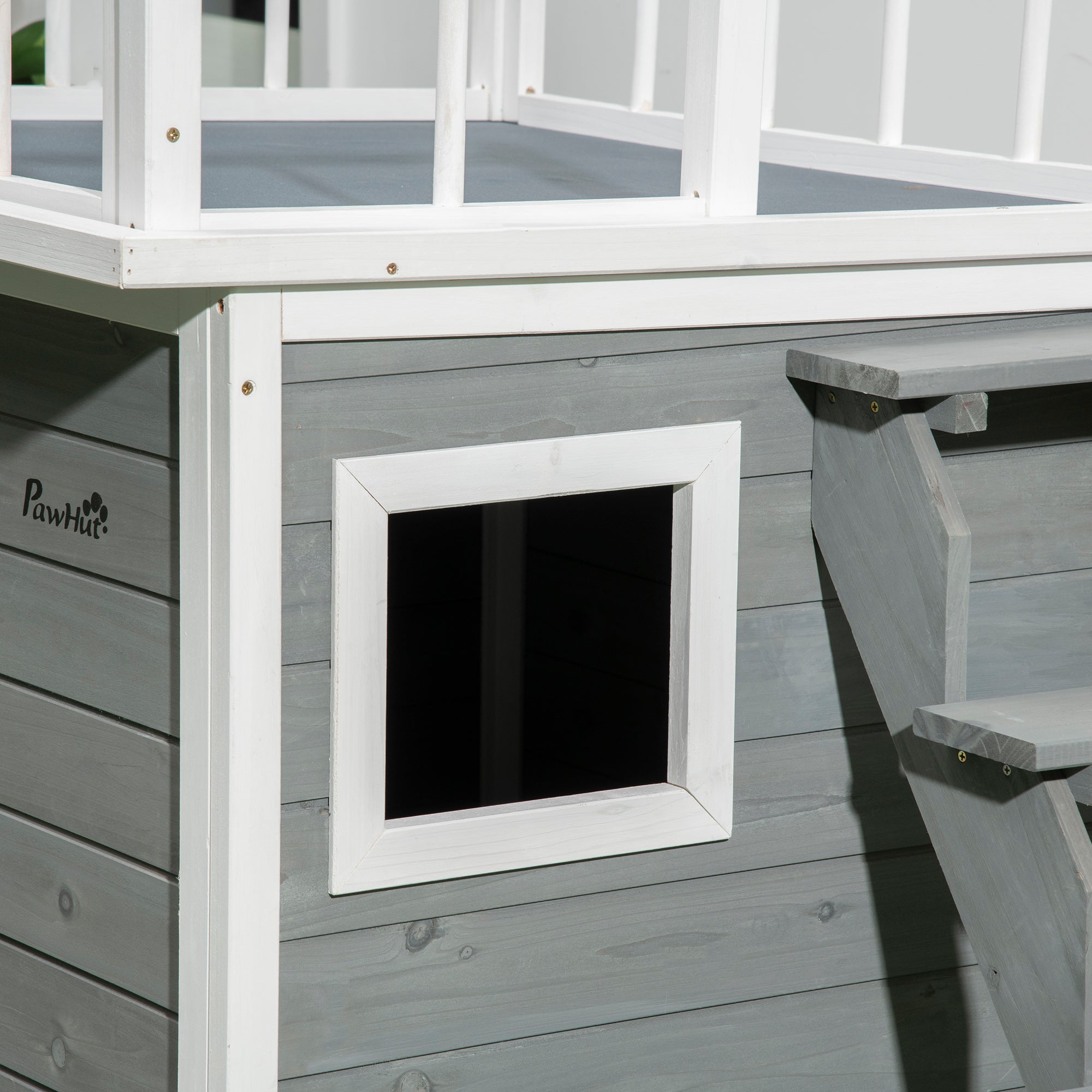 Dog House with Balcony, Stairs, Raised Window, Fir Wood
