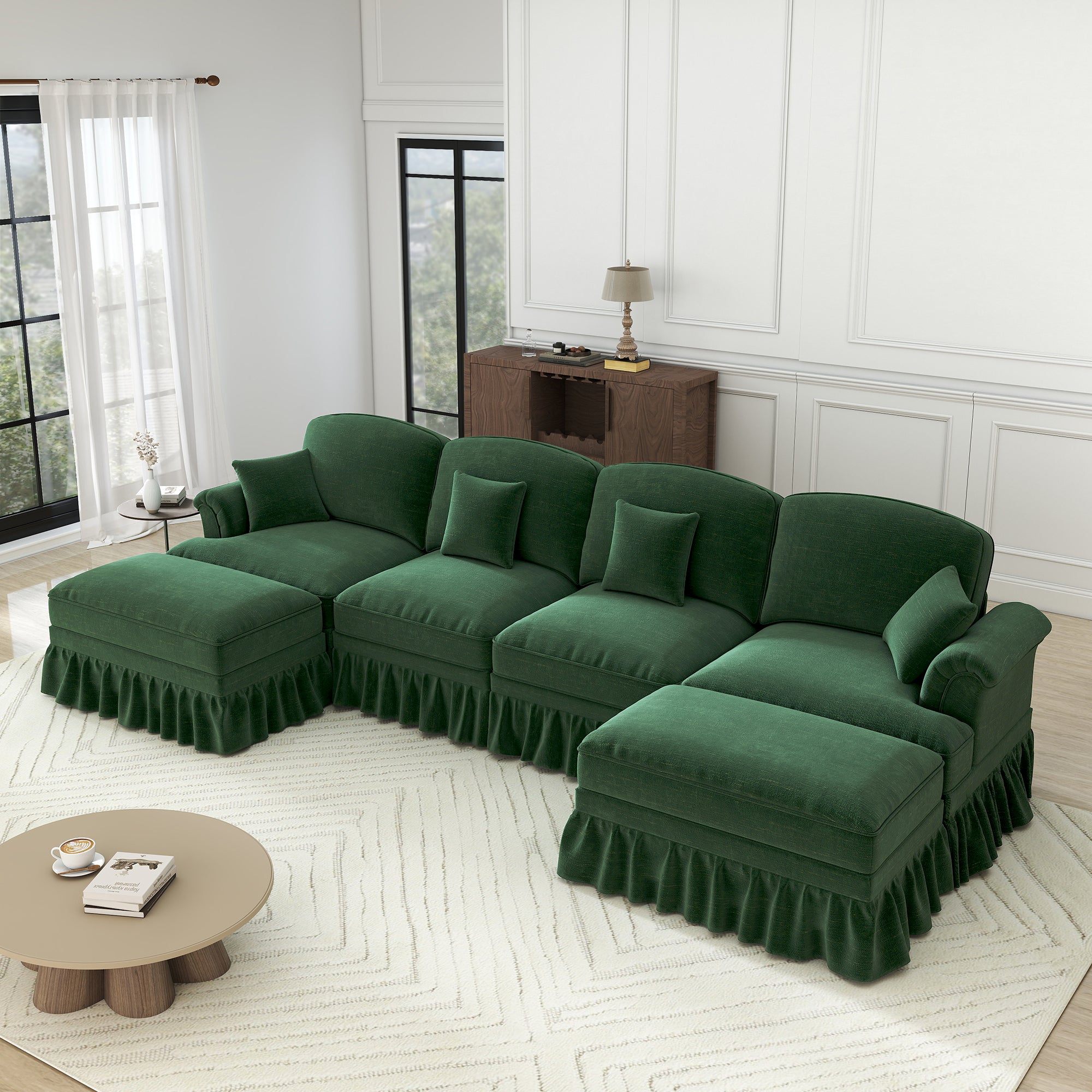 U-shaped Modular Sofa 4-Seater Movable Ottoman - Chenille Green