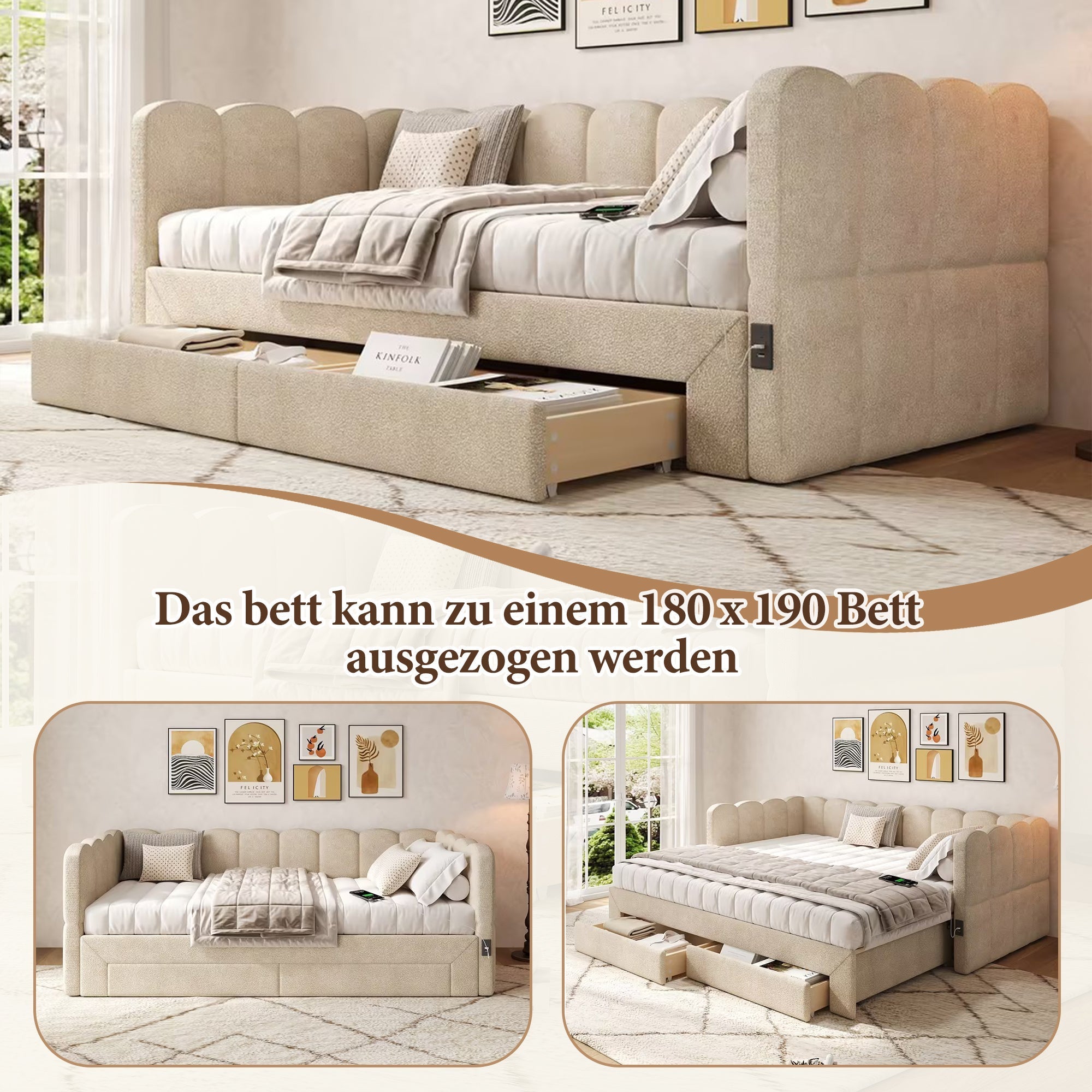 Upholstered Daybed with 2 Storage Drawers, USB Port, Extendable 90x190 to 180 cm, Beige Chenille