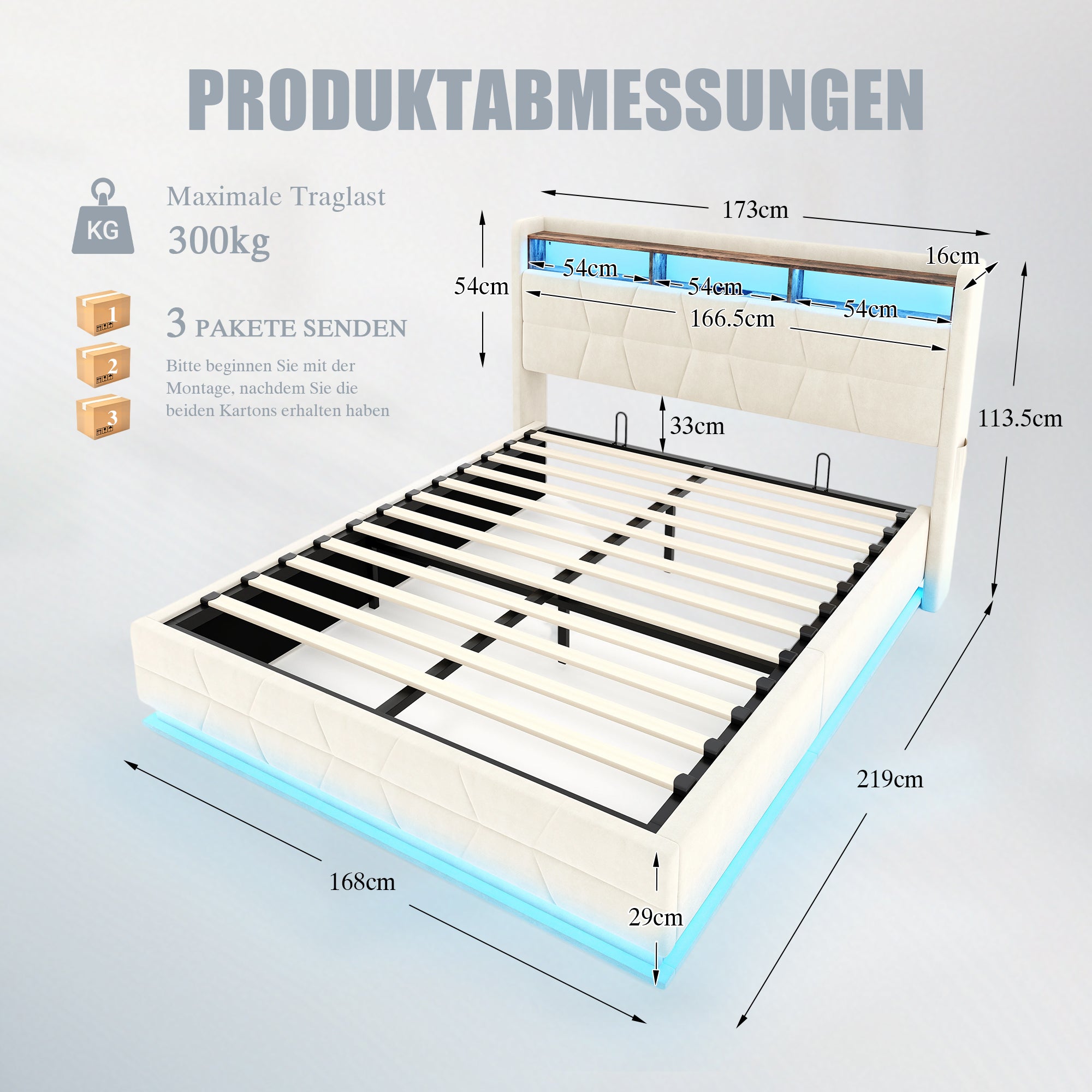 Multifunctional Bed with LED, Charging Station and Storage, Beige