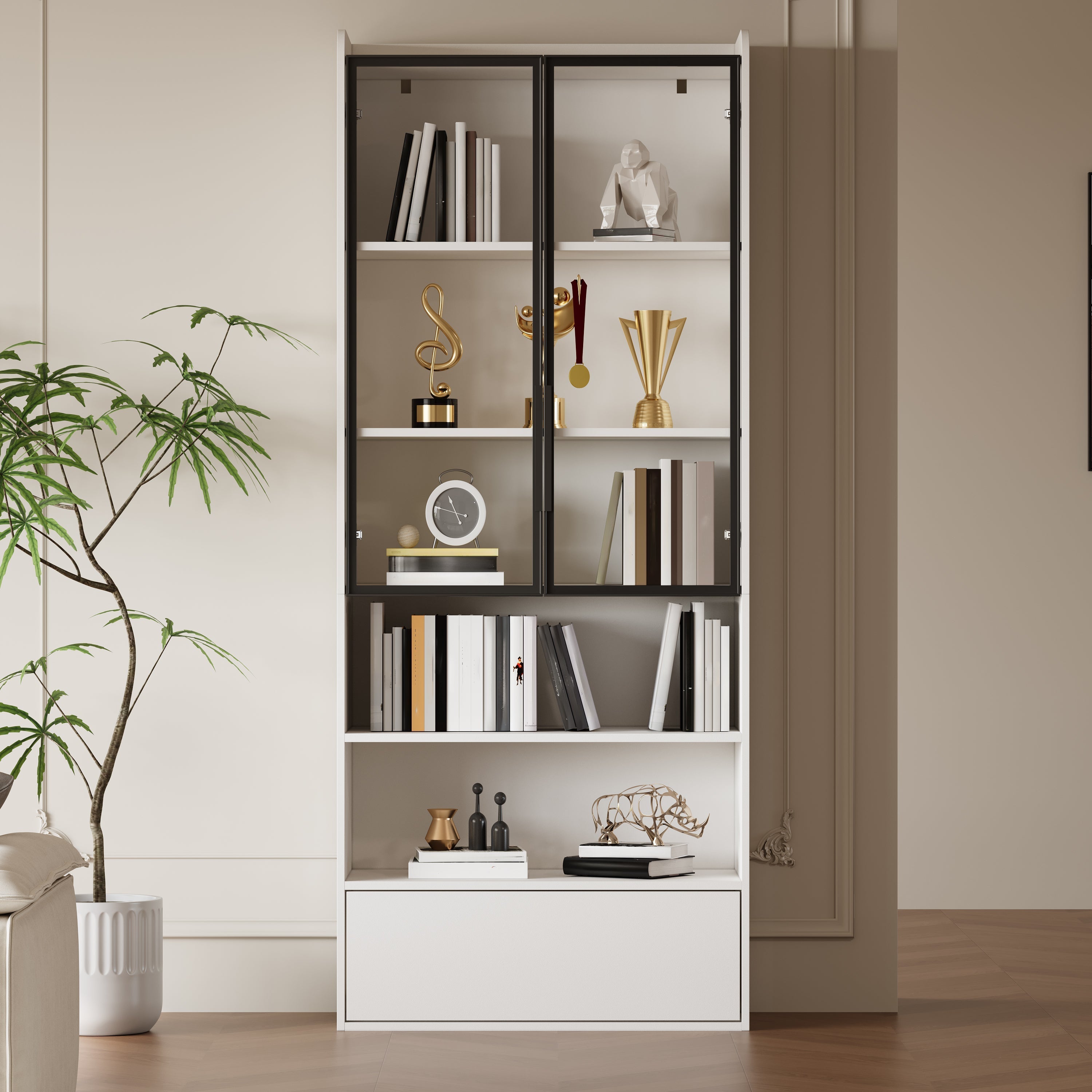Display Cabinet 80x34x180cm Tall with 1 Drawer Glass Doors LED Lighting White