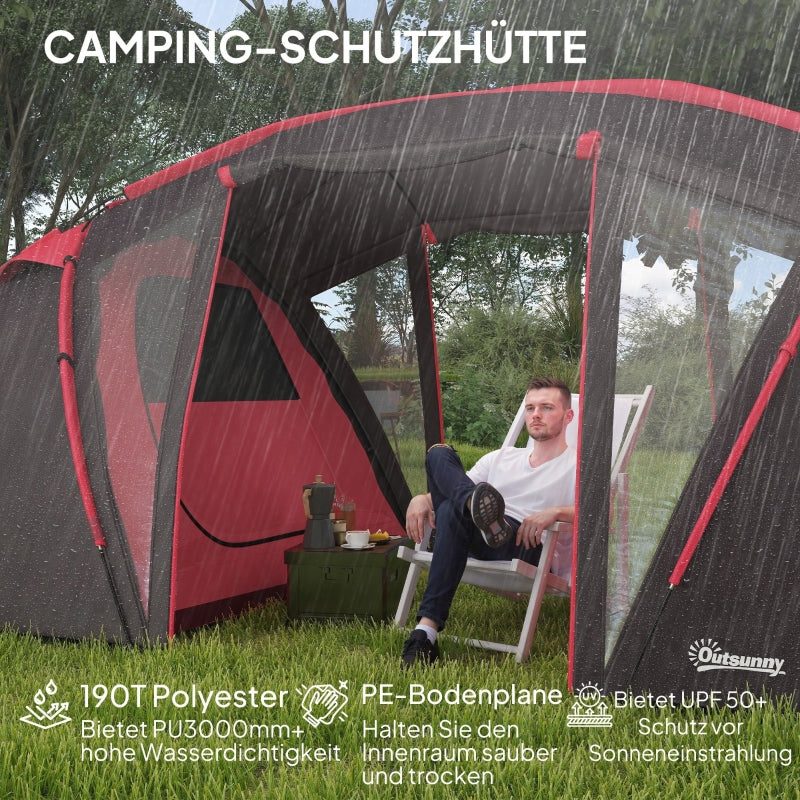 Tunnel Tent Camping Tent for 4-6 people, 3 rooms, double doors, water-repellent, Grey