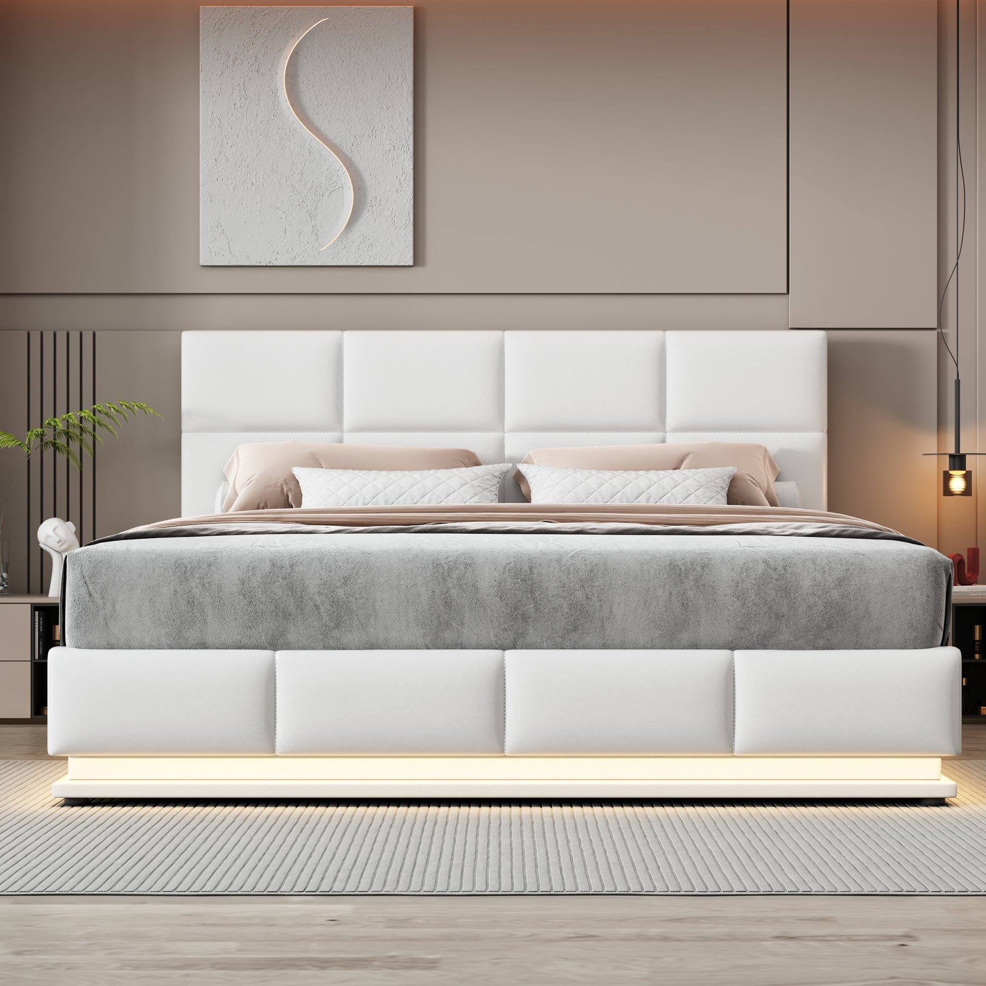 Upholstered Bed 180x200cm Hydraulic Storage LED Faux Leather - White