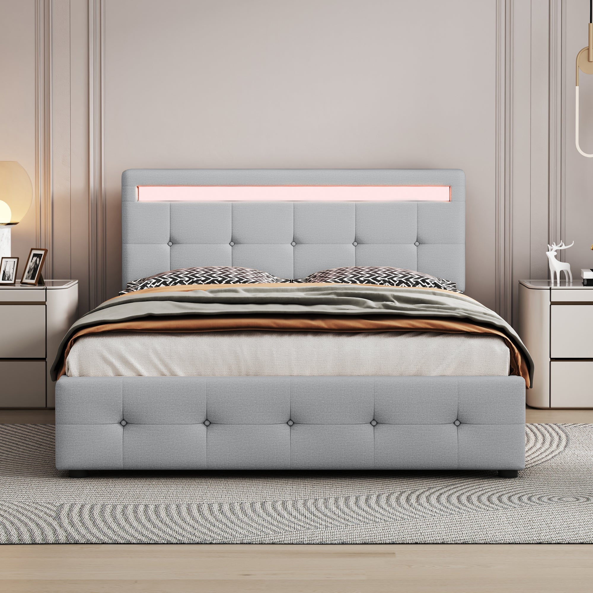 Upholstered Bed, 140x200cm, LED, 4 Drawers, Linen, Grey