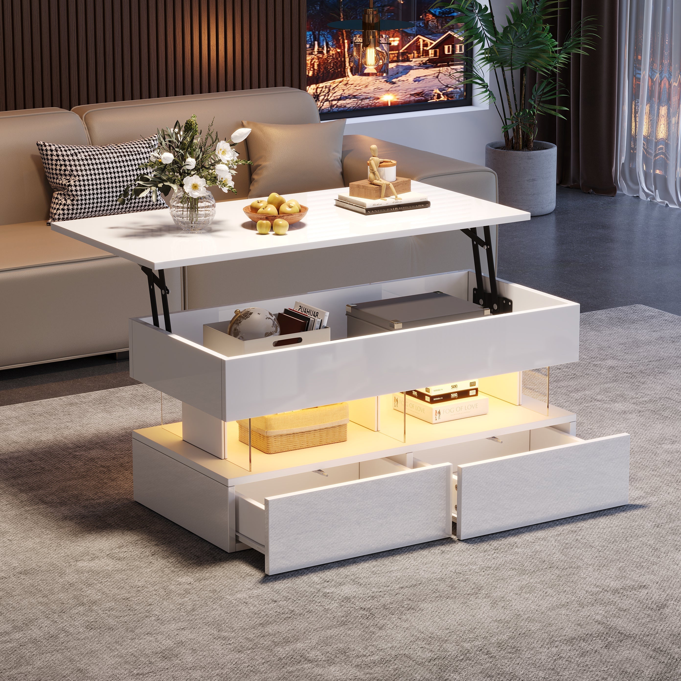 Liftable Coffee Table, Height-Adjustable Hidden Storage LED 2 Drawers, White MDF/Acrylic