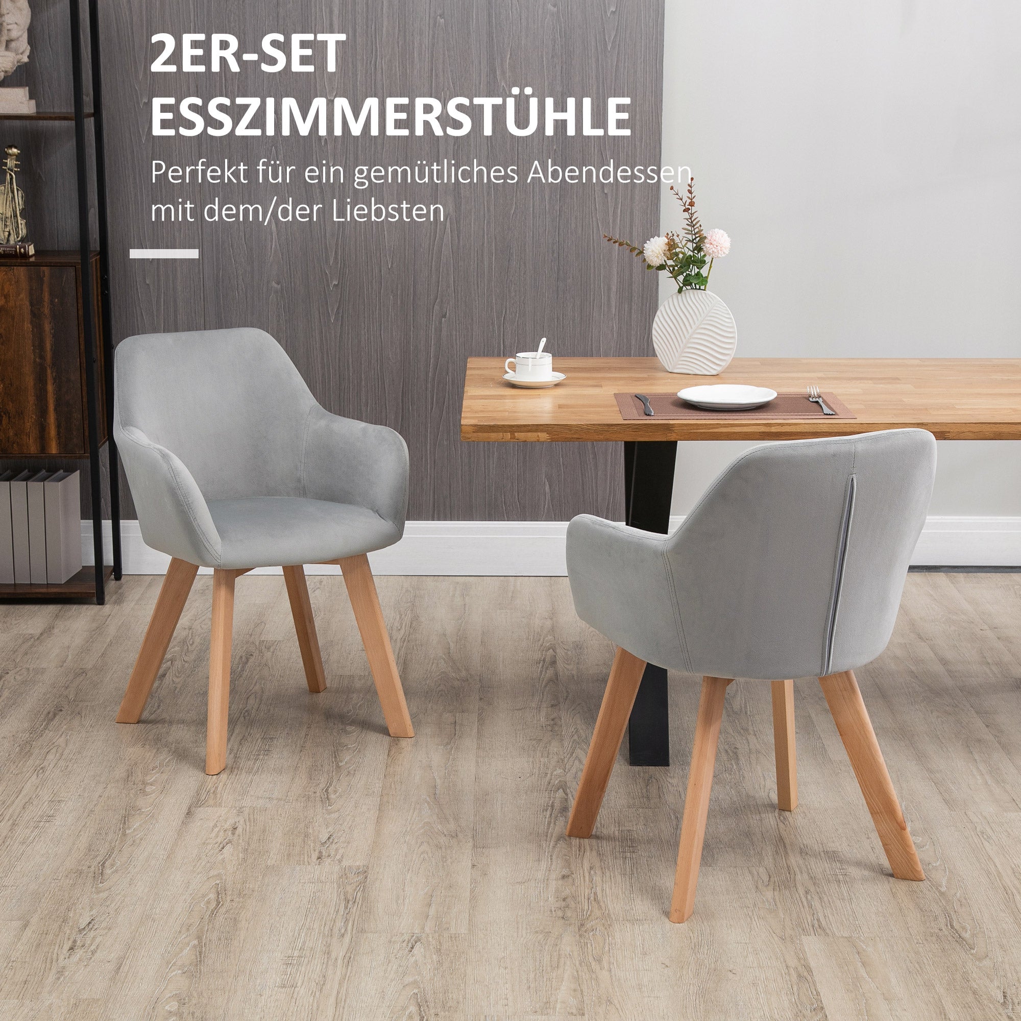 Dining Chairs Set of 2 Kitchen Chairs Armrests Backrest Wooden Legs, Velvet-Look Grey