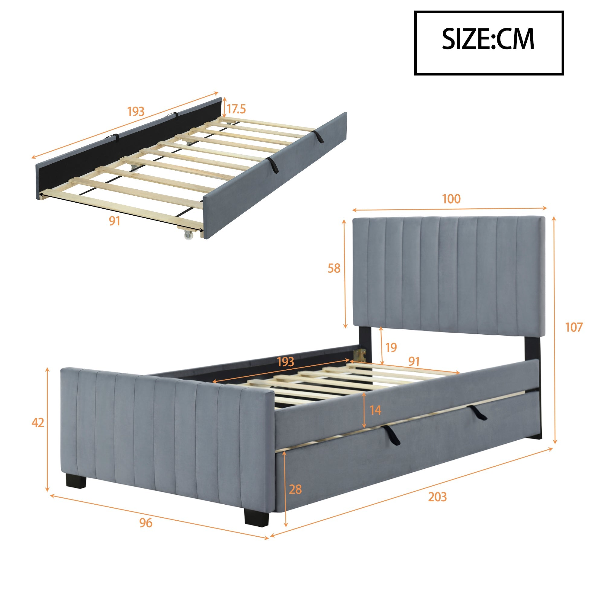 Upholstered Bed with Pull-Out, 90 x 190 cm Single, Grey Velvet