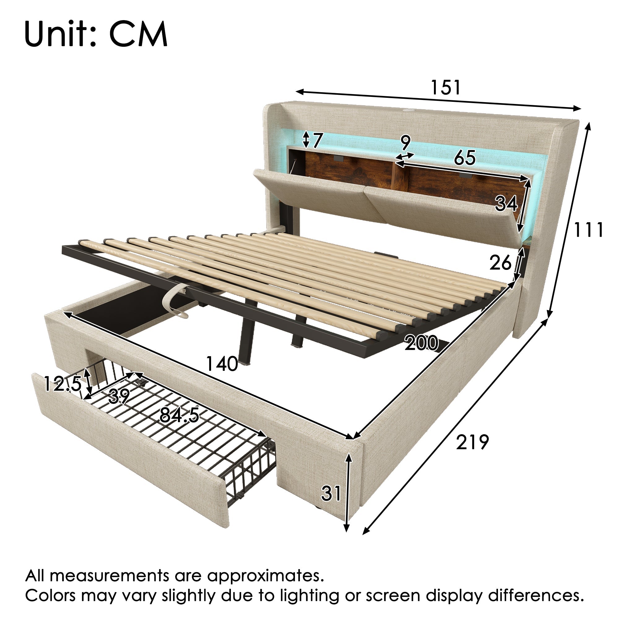 Upholstered Bed 140x200 cm Hydraulic Storage Headboard LED USB/USB-C - Beige Linen