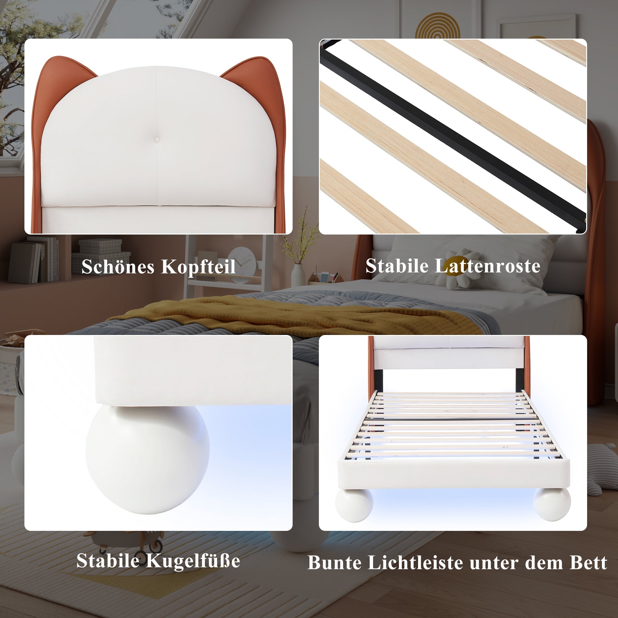 Upholstered Bed, Single/Children's, Cat-Ear Headboard, LED Light Strip, Beige + Yellow-Brown PU