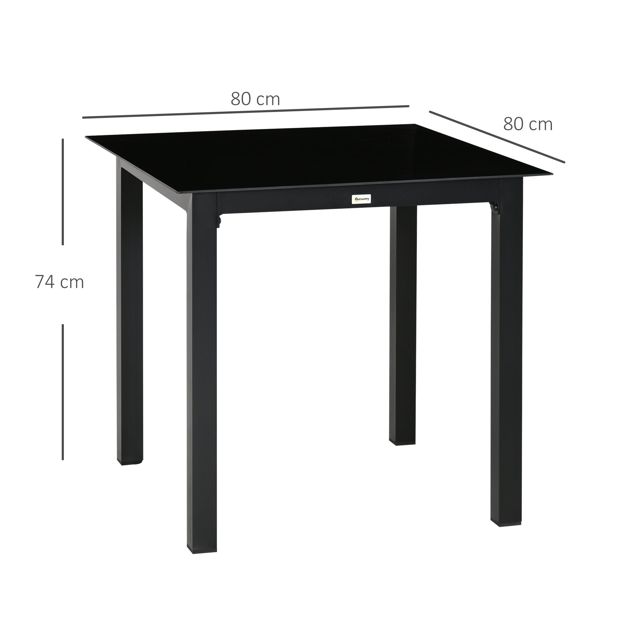Square Garden Table 80x80cm, 4-Person Tempered Glass Top, Black Aluminum