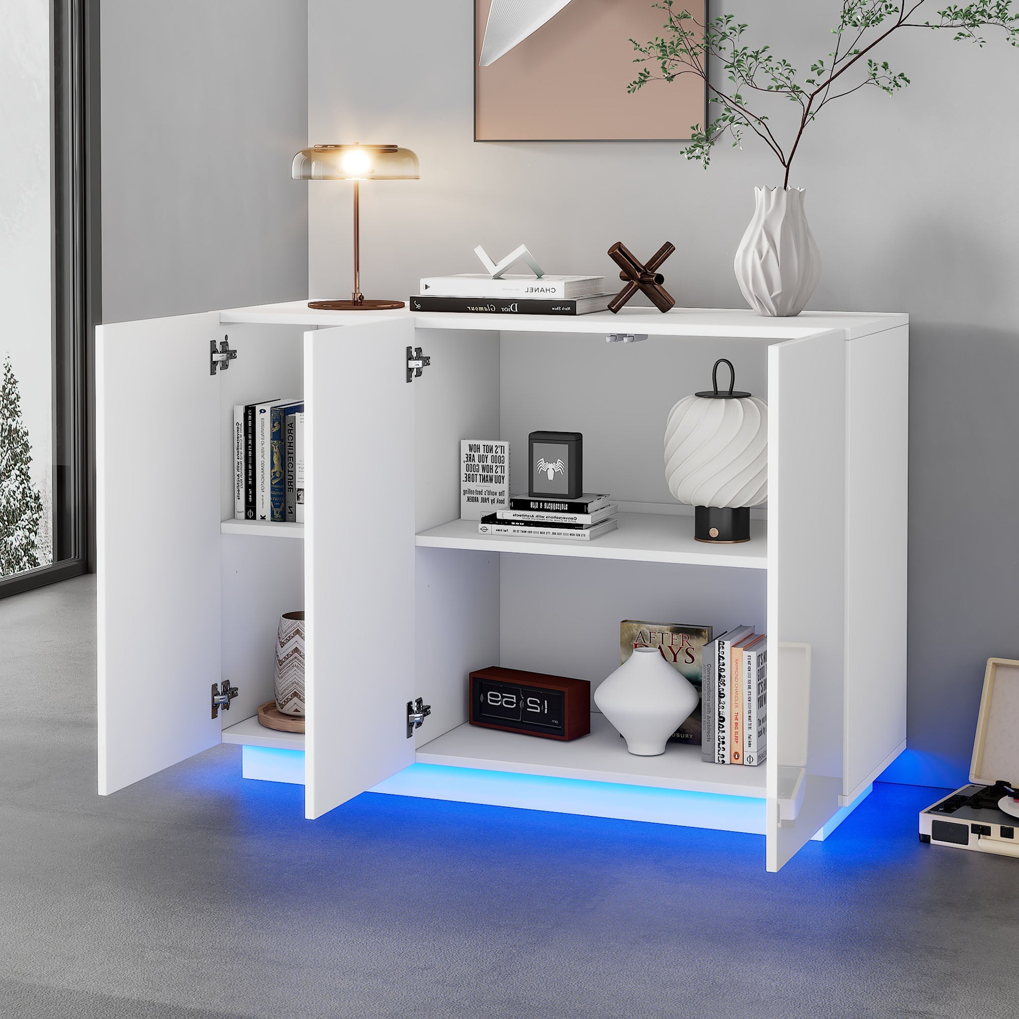 Dining Room Cabinet Sideboard, Open/Closed Storage LED Light, 120x40x75CM, White High-Gloss