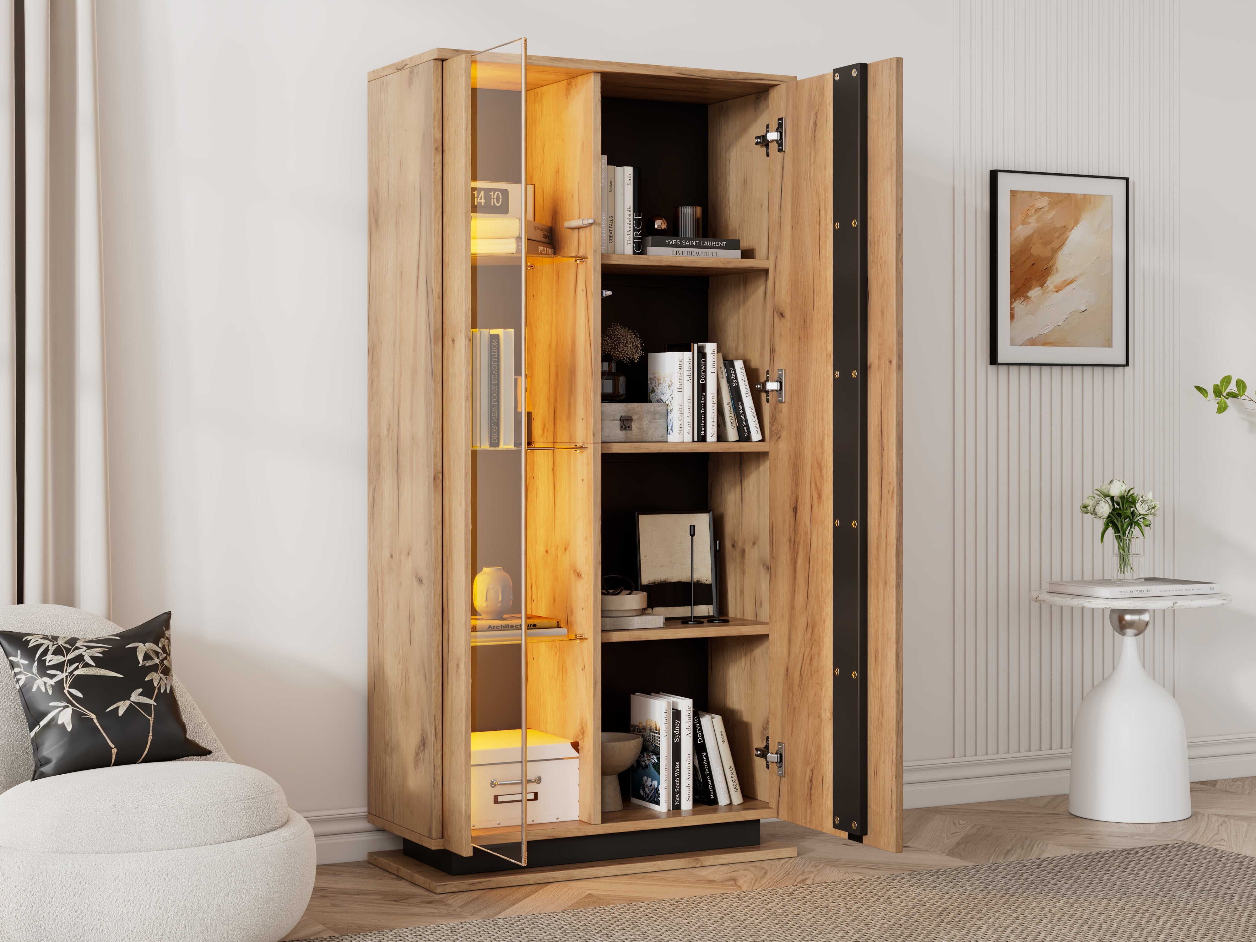 Display Cabinet 80x35x160cm 8 Shelves Glass Dividers Narrow Freestanding Acrylic Wood Color
