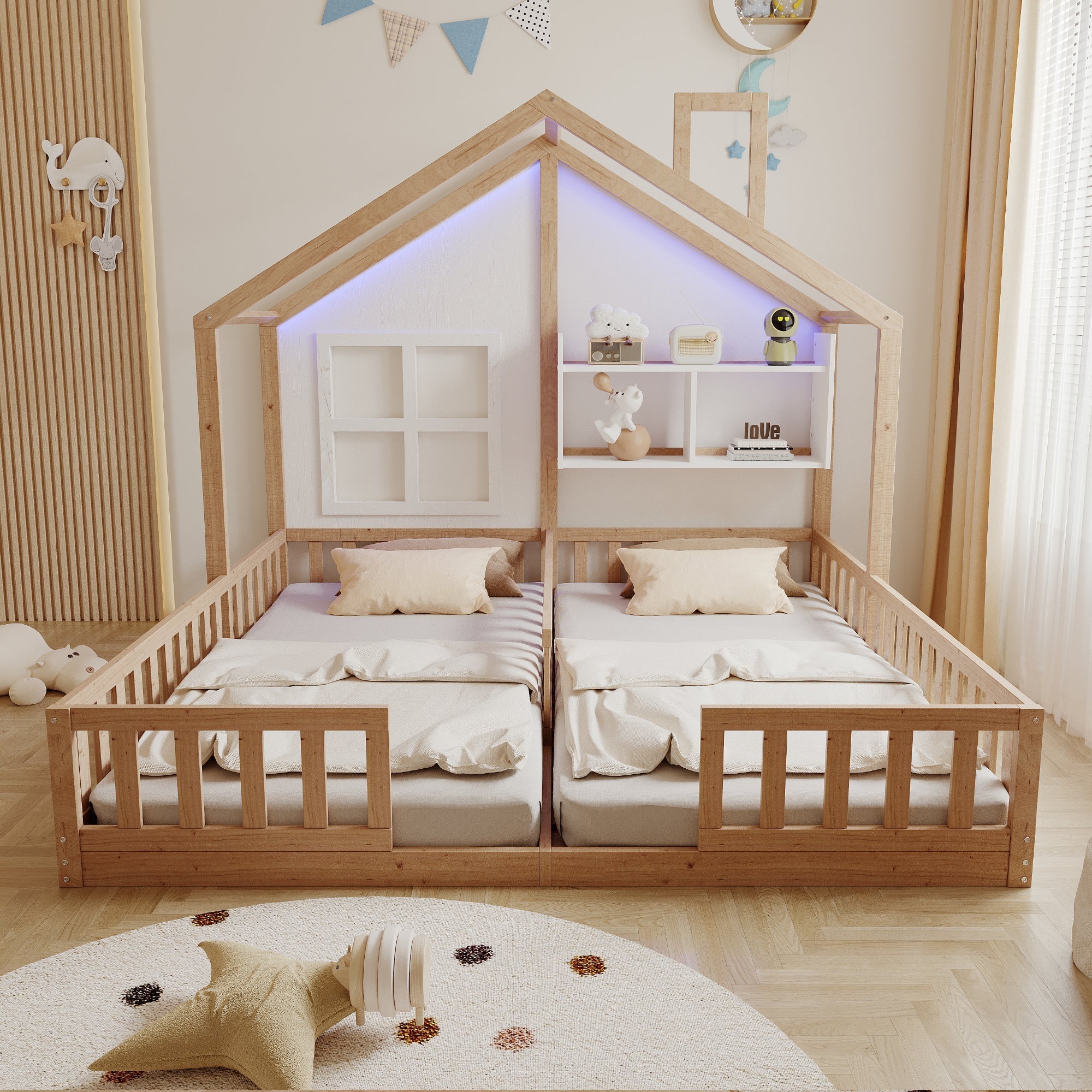 Wooden House Bed 90x200cm Freestanding LED Storage Shelves Wood Color