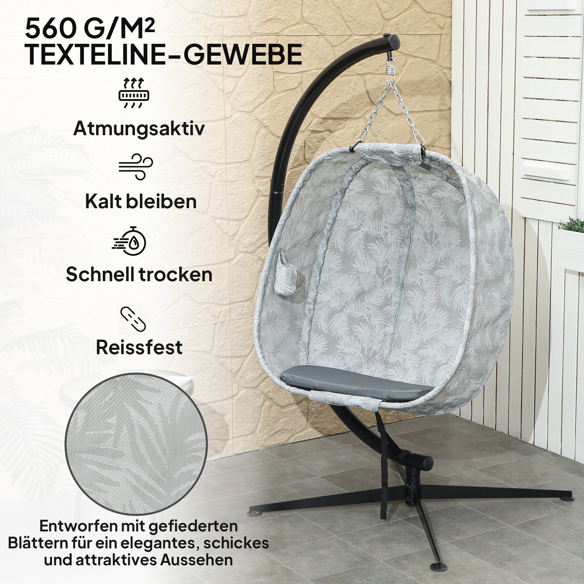 Eiförmiger Outdoor-Hängesessel, klappbare Schaukel-Hängematte mit Ständer, Grau