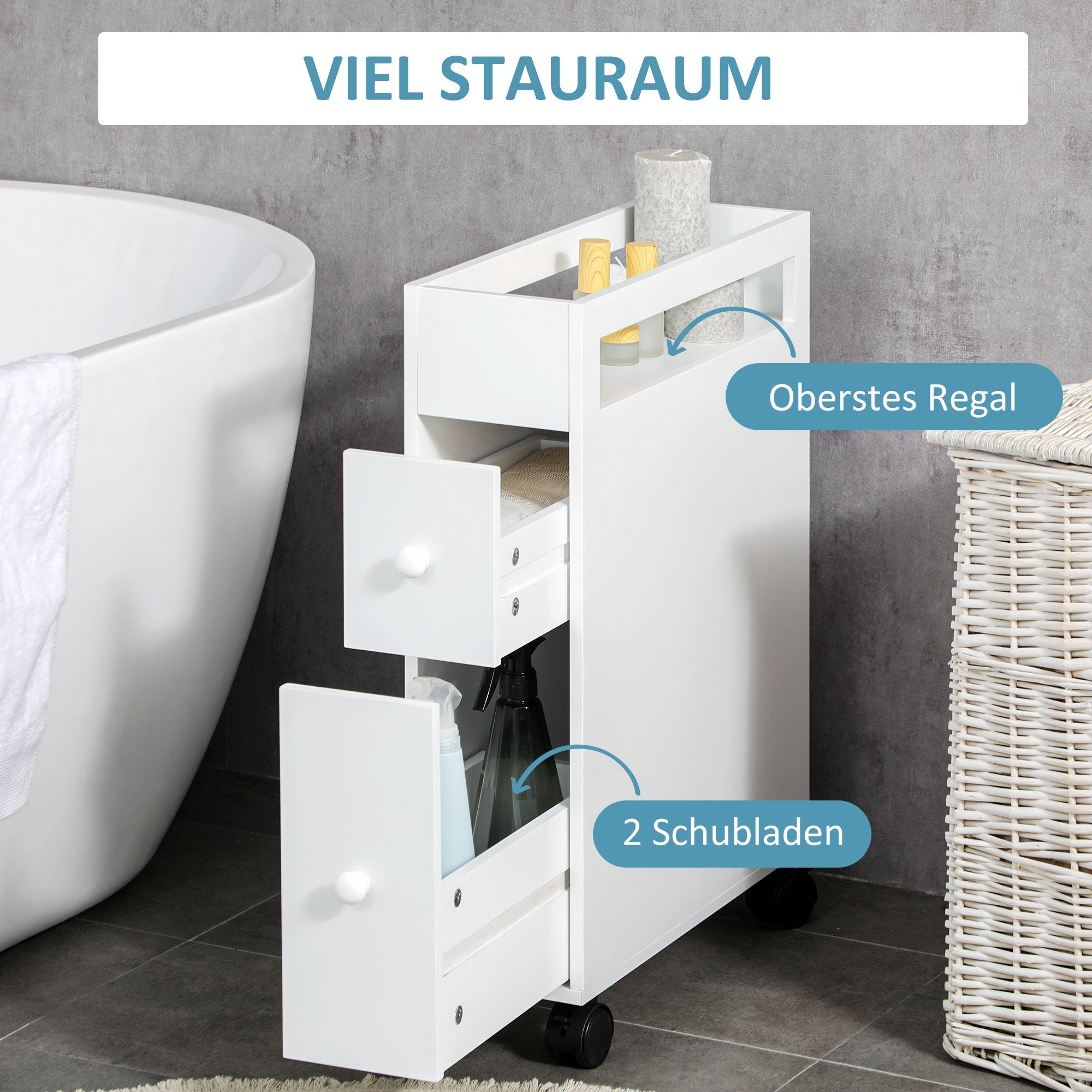 Bathroom Cabinet Niche Trolley with Wheels 2 Drawers Open Compartment, White