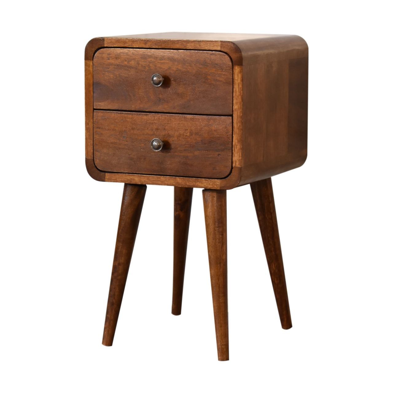Mini Chestnut Curved Bedside, 2 Drawers, Solid Wood Dark Brown