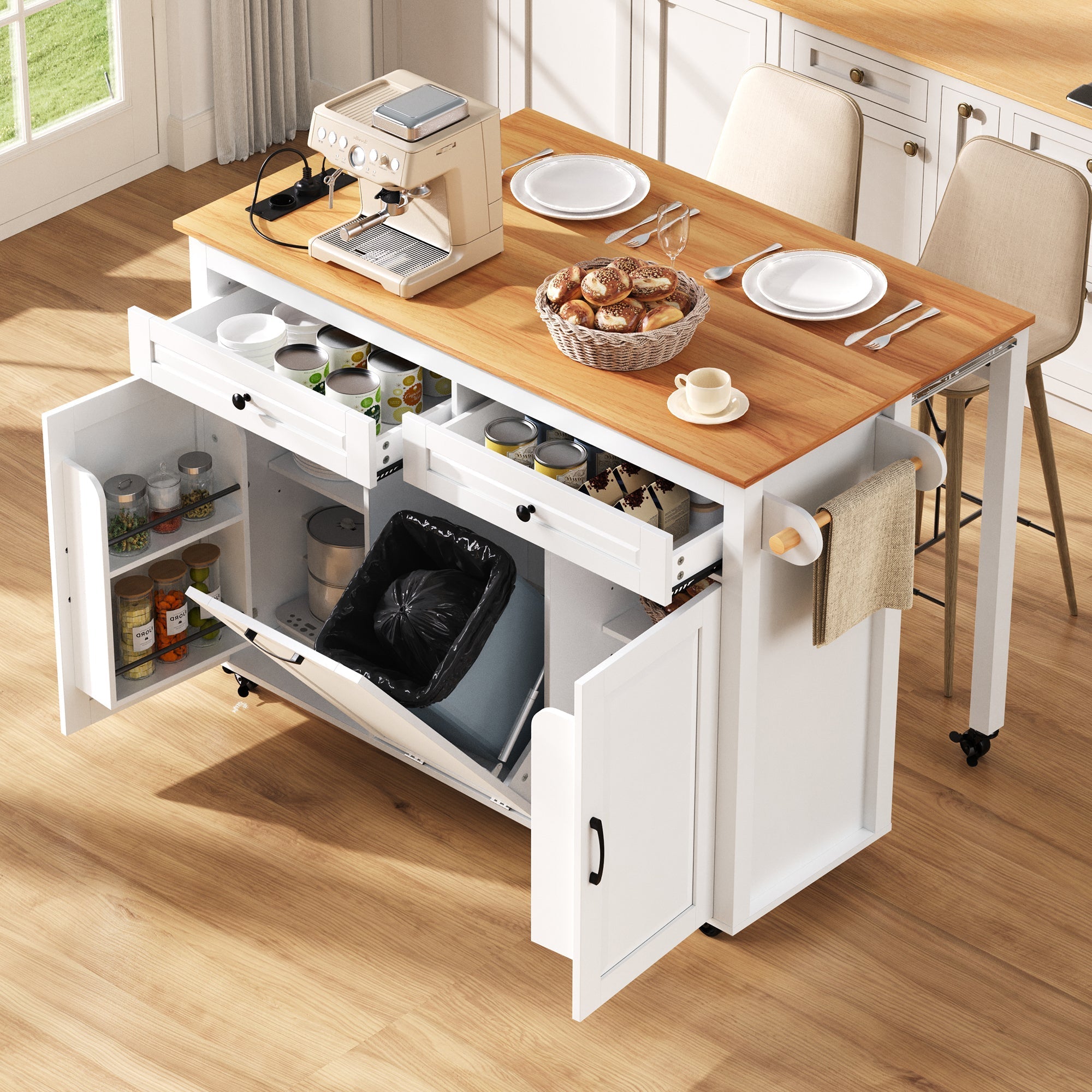 Kitchen Island Extendable Worktop Power Strips Waste Bin - White