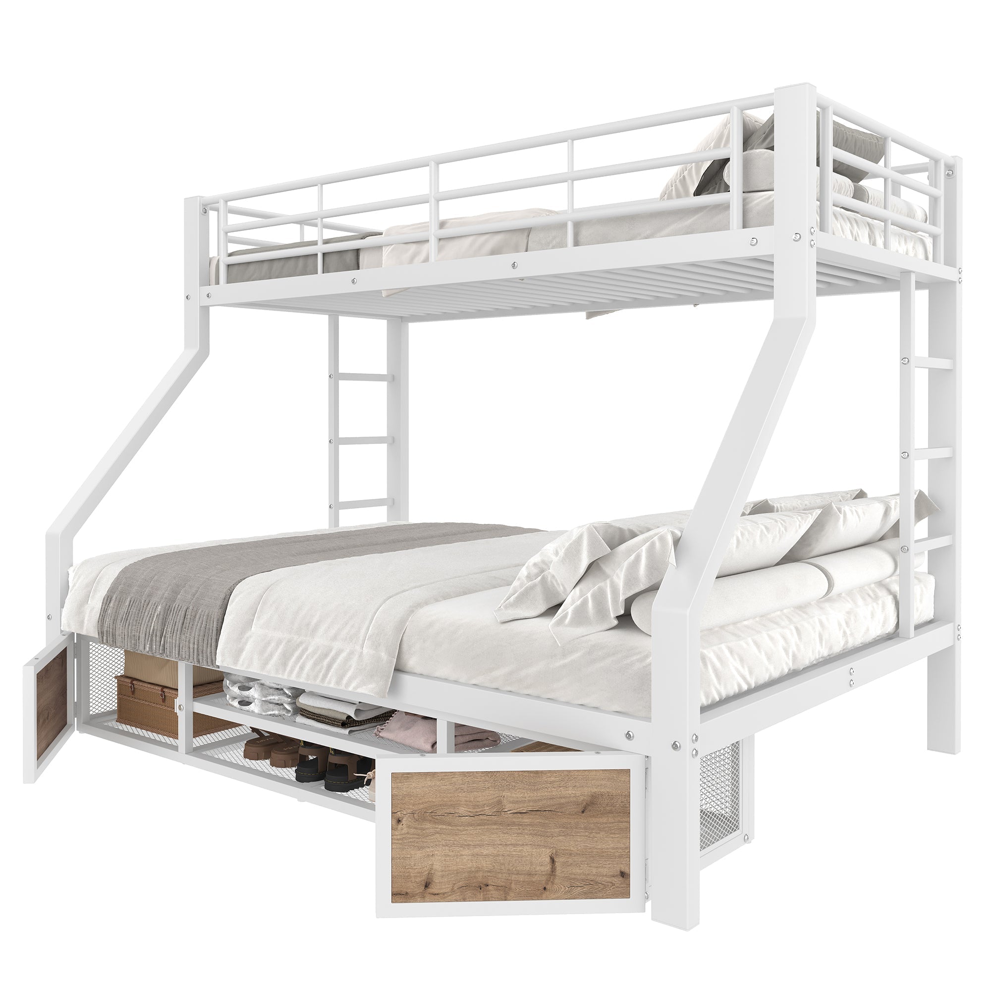 Bunk Bed for Children with Shoe Cabinet and Storage Compartments, 90x200 and 140x200cm, White
