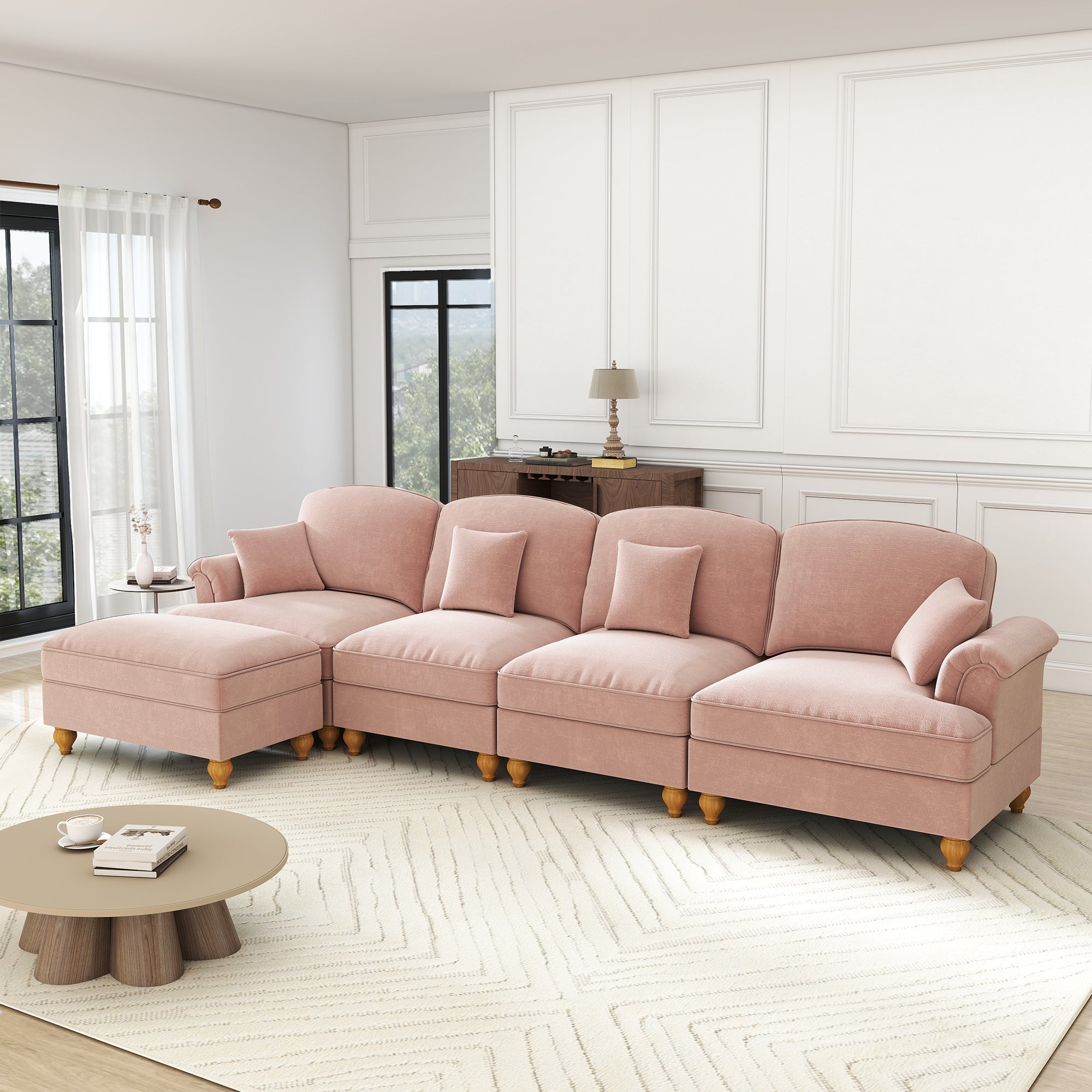 Classic Modular L-Shaped 4-Seater Sofa with Movable Ottoman Chenille Pink